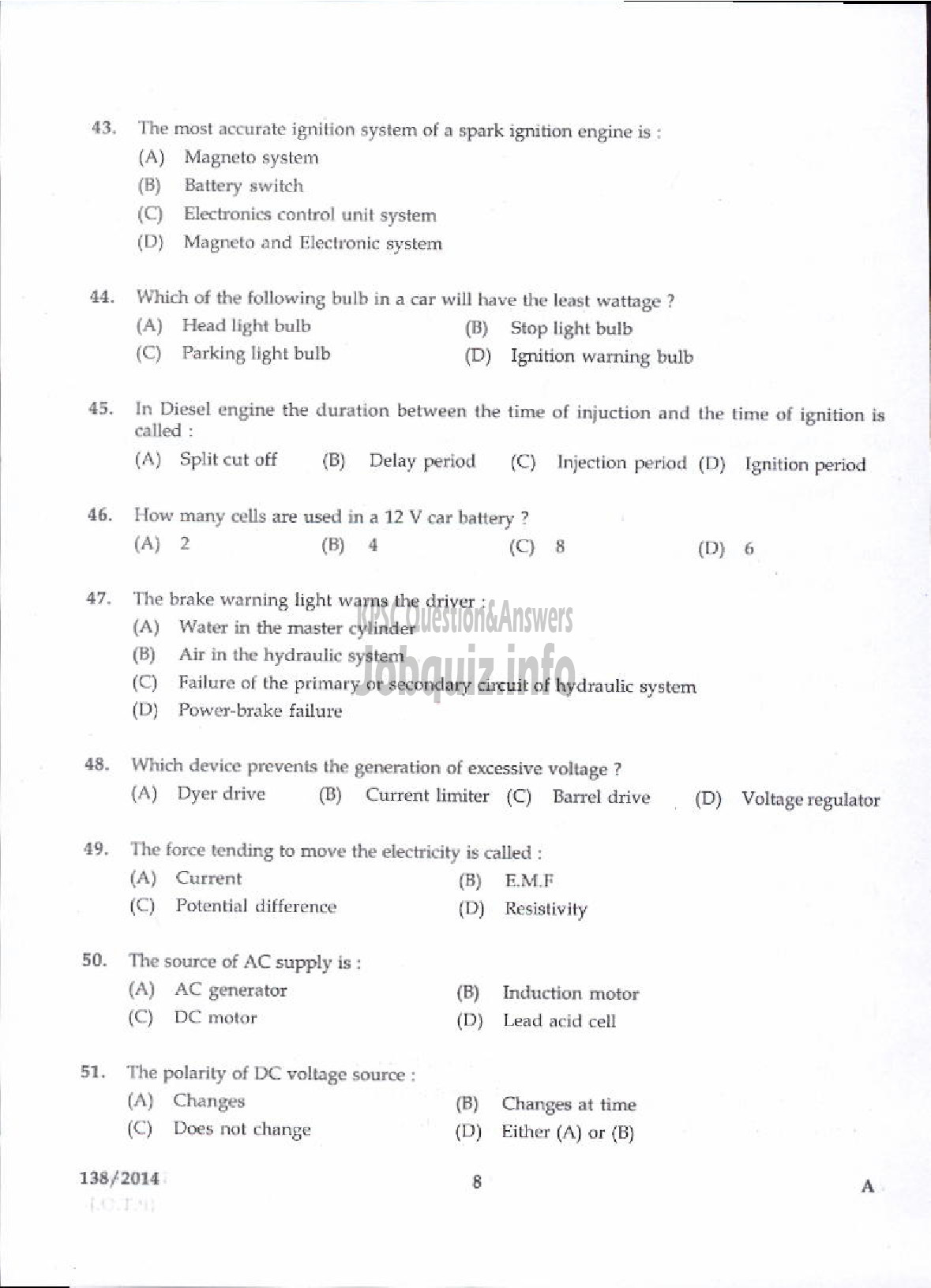 Kerala PSC Question Paper - JUNIOR INSTRUCTOR MECHANIC AUTO ELECTRICAL AND ELECTRONICS INDUSTRIAL TRAINING-6