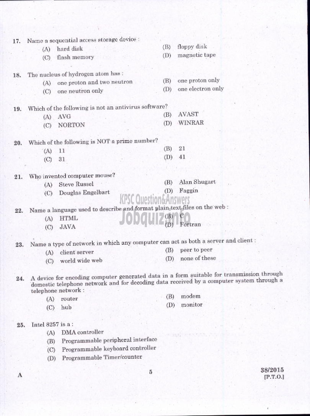 Kerala PSC Question Paper - JUNIOR INSTRUCTOR MECHANIC COMPUTER HARDWARE INDUSTRIAL TRAINING DEPARTMENT-3