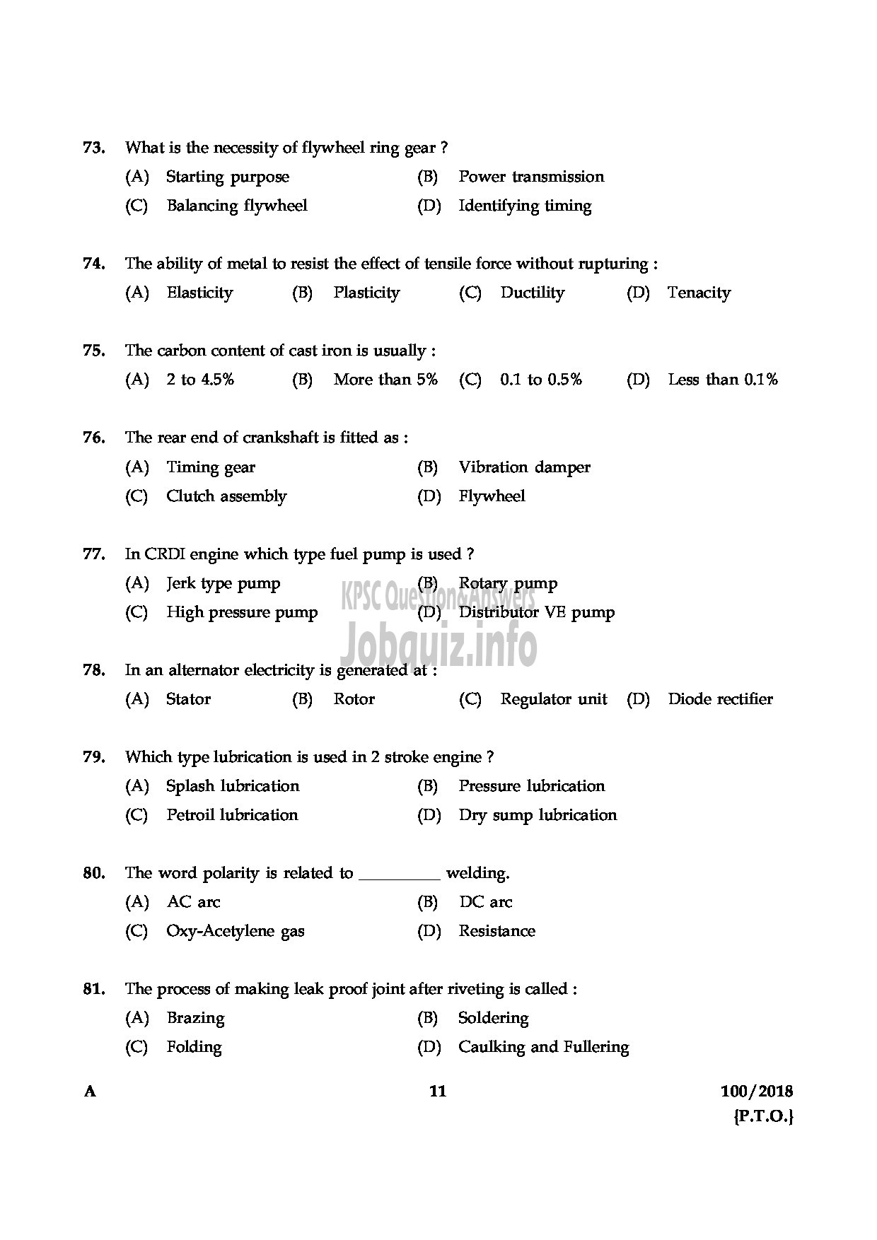 Kerala PSC Question Paper - JUNIOR INSTRUCTOR MECHANIC DIESEL INDUSTRIAL TRAINING ENGLISH -11