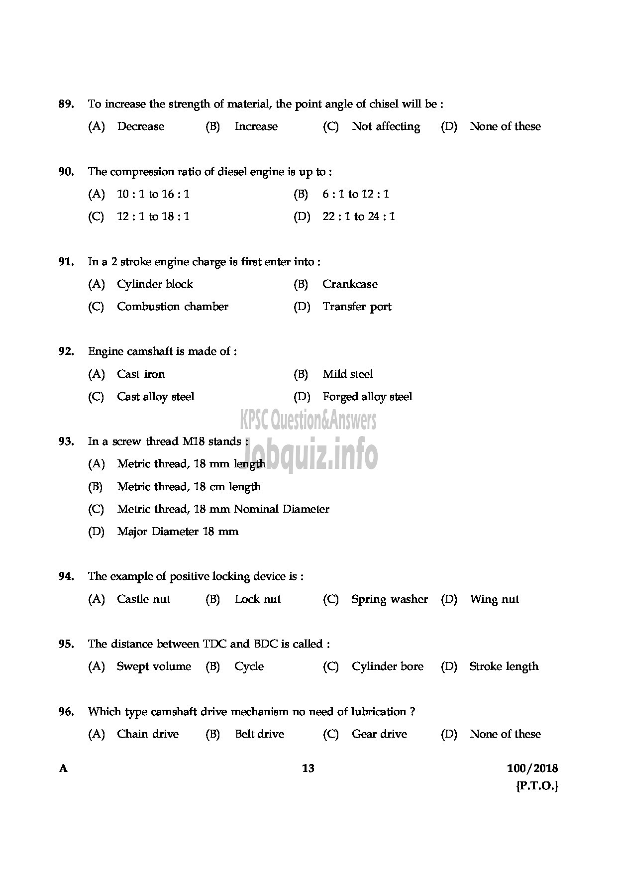 Kerala PSC Question Paper - JUNIOR INSTRUCTOR MECHANIC DIESEL INDUSTRIAL TRAINING ENGLISH -13