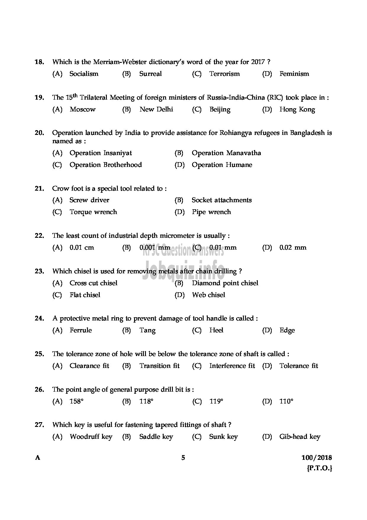 Kerala PSC Question Paper - JUNIOR INSTRUCTOR MECHANIC DIESEL INDUSTRIAL TRAINING ENGLISH -5