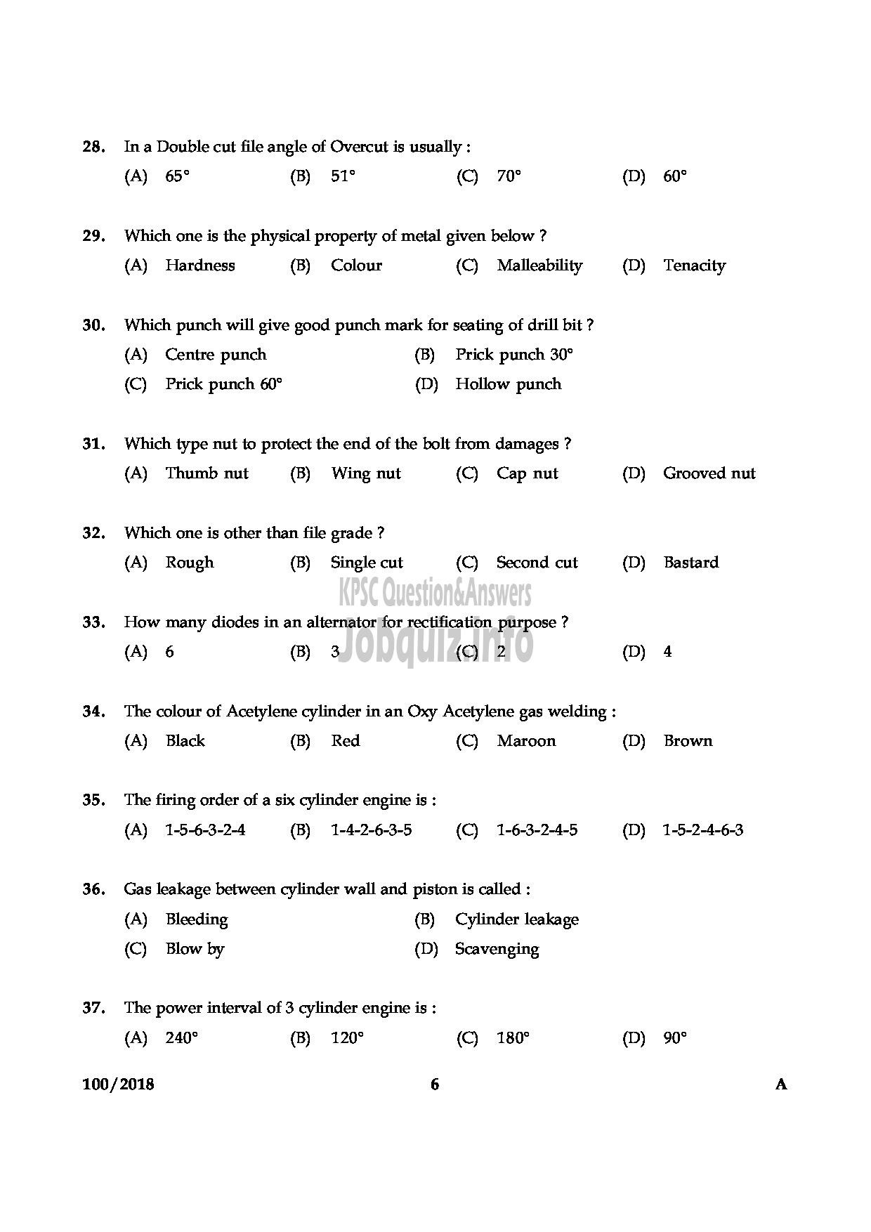 Kerala PSC Question Paper - JUNIOR INSTRUCTOR MECHANIC DIESEL INDUSTRIAL TRAINING ENGLISH -6