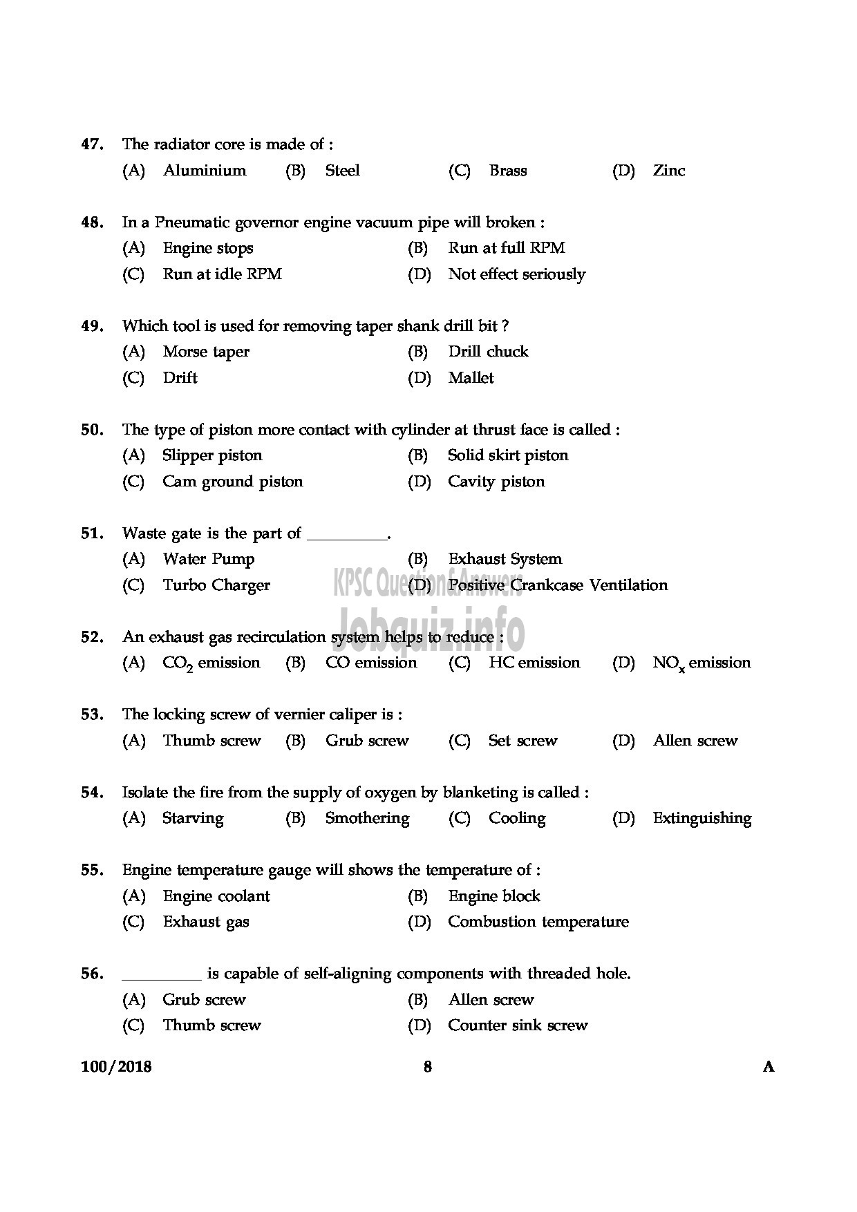 Kerala PSC Question Paper - JUNIOR INSTRUCTOR MECHANIC DIESEL INDUSTRIAL TRAINING ENGLISH -8
