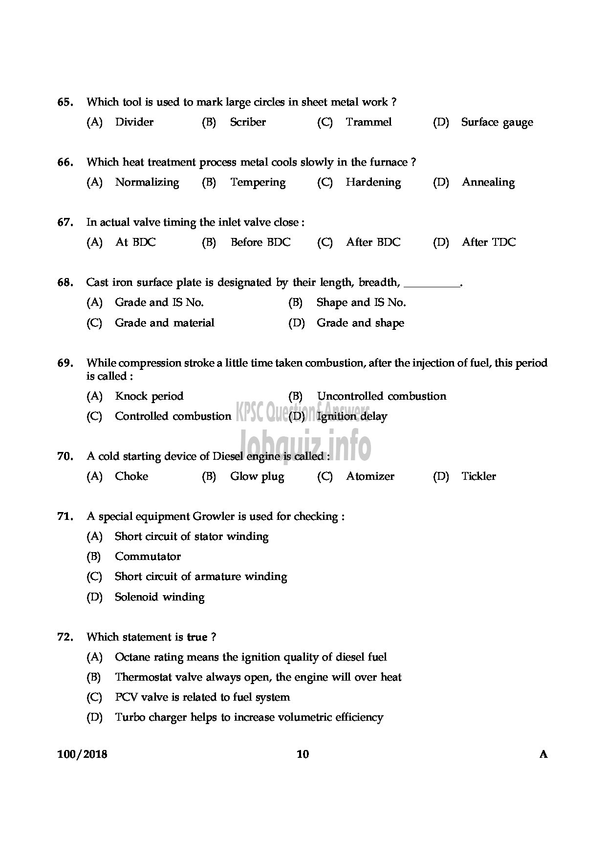 Kerala PSC Question Paper - JUNIOR INSTRUCTOR MECHANIC DIESEL INDUSTRIAL TRAINING ENGLISH -10