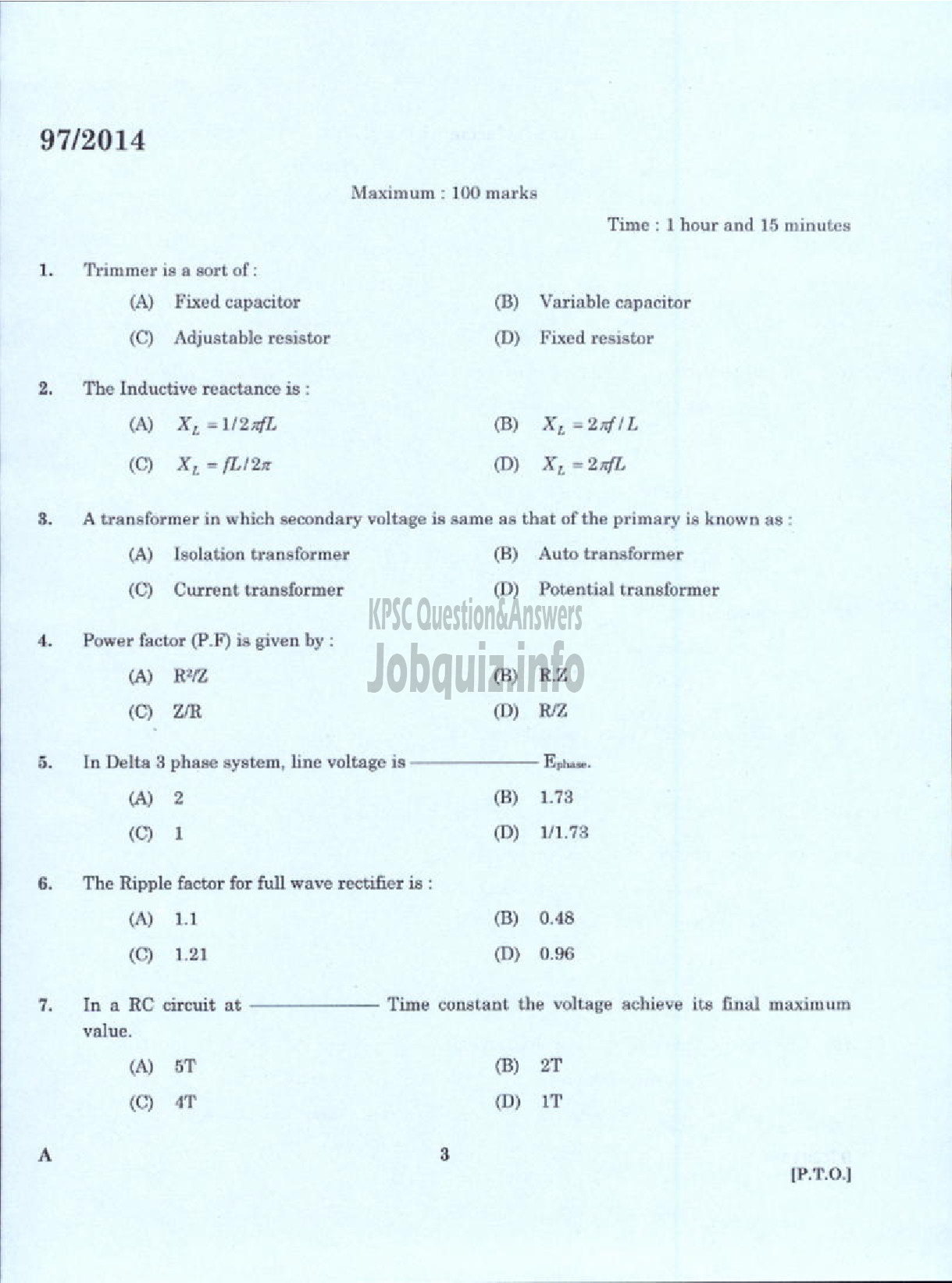 Kerala PSC Question Paper - JUNIOR INSTRUCTOR MECHANIC INDUSTRIAL ELECTRONICS INDUSTRIAL TRAINING-1