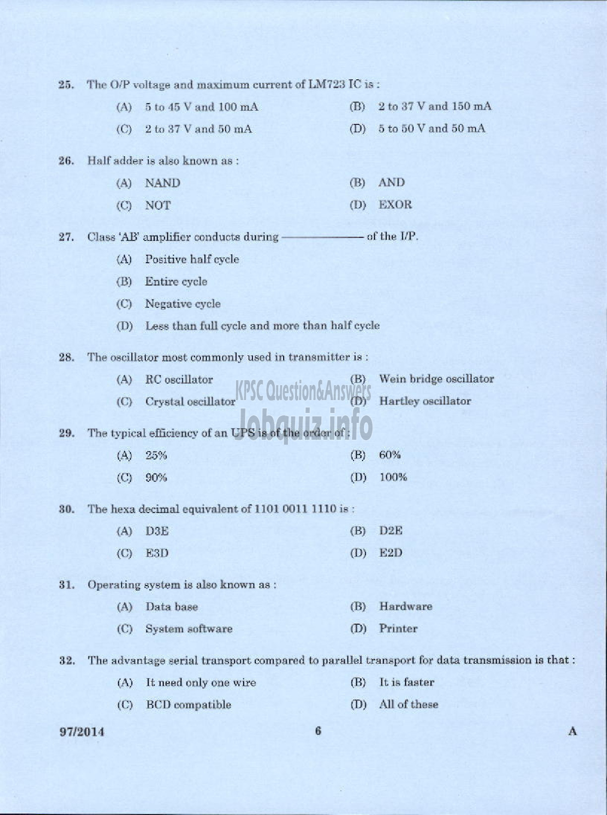 Kerala PSC Question Paper - JUNIOR INSTRUCTOR MECHANIC INDUSTRIAL ELECTRONICS INDUSTRIAL TRAINING-4