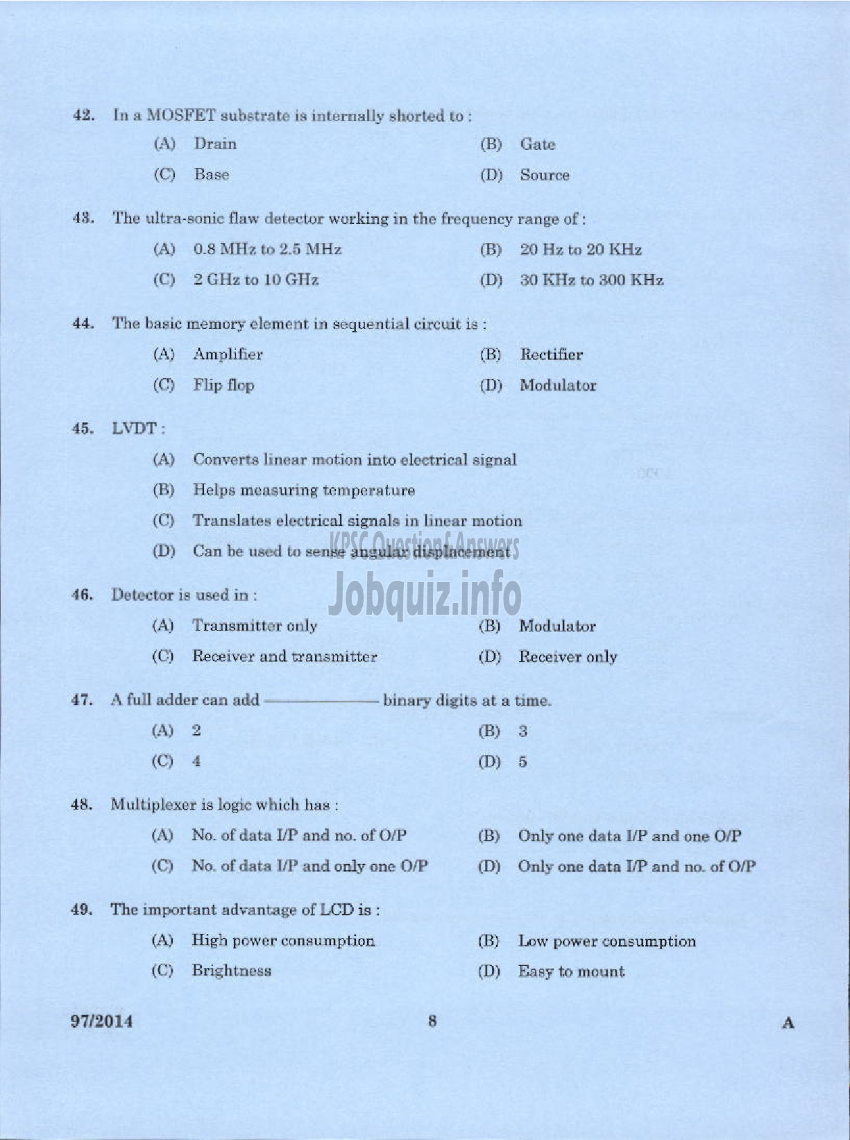 Kerala PSC Question Paper - JUNIOR INSTRUCTOR MECHANIC INDUSTRIAL ELECTRONICS INDUSTRIAL TRAINING-6