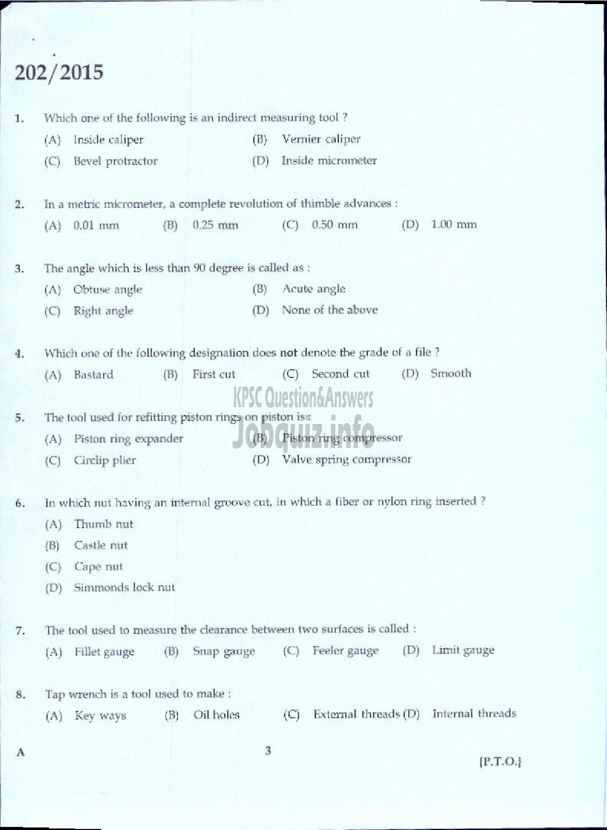 Kerala PSC Question Paper - JUNIOR INSTRUCTOR MECHANIC MOTOR VEHICLE INDUSTRIAL TRAINING-1