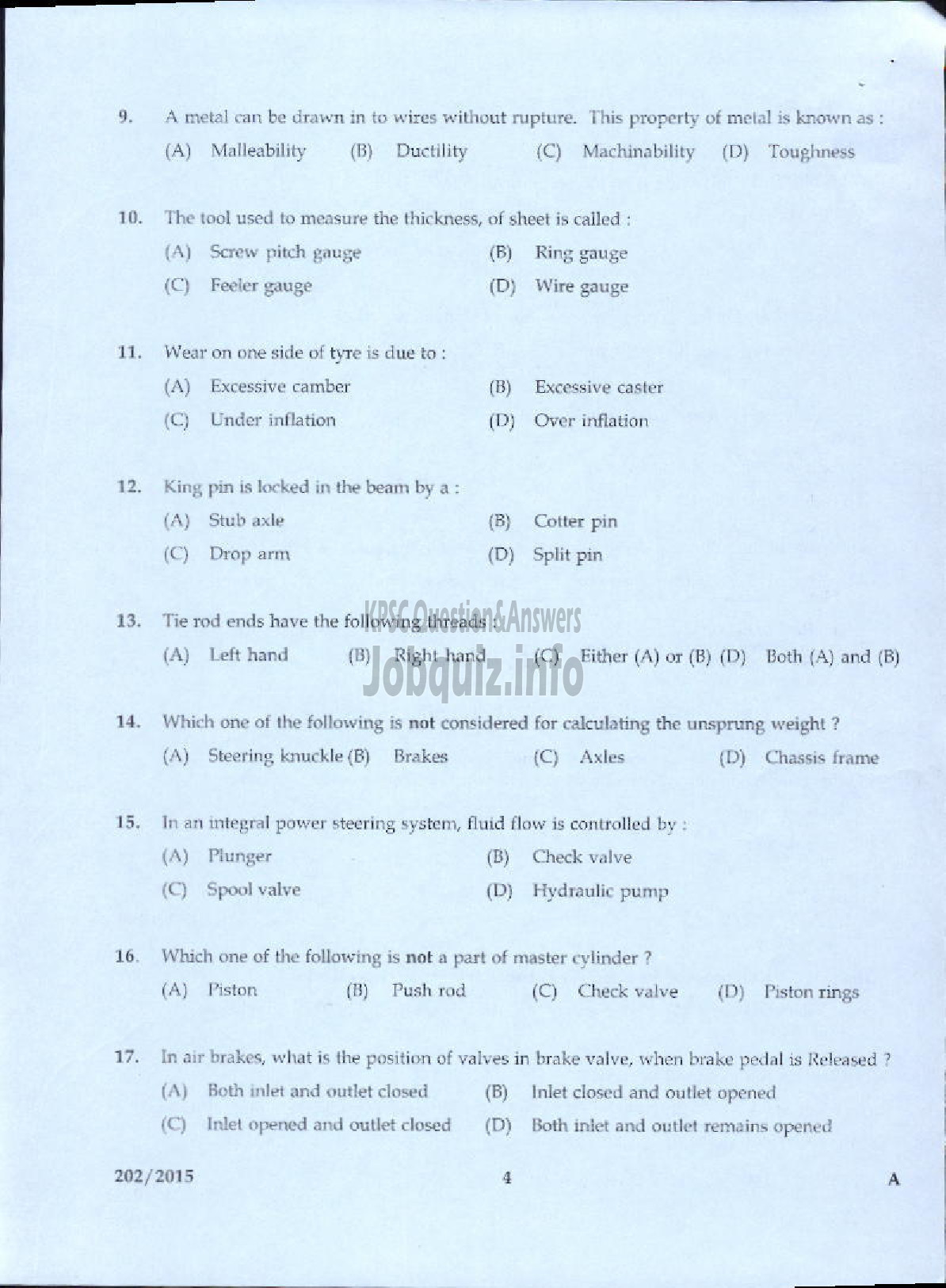 Kerala PSC Question Paper - JUNIOR INSTRUCTOR MECHANIC MOTOR VEHICLE INDUSTRIAL TRAINING-2