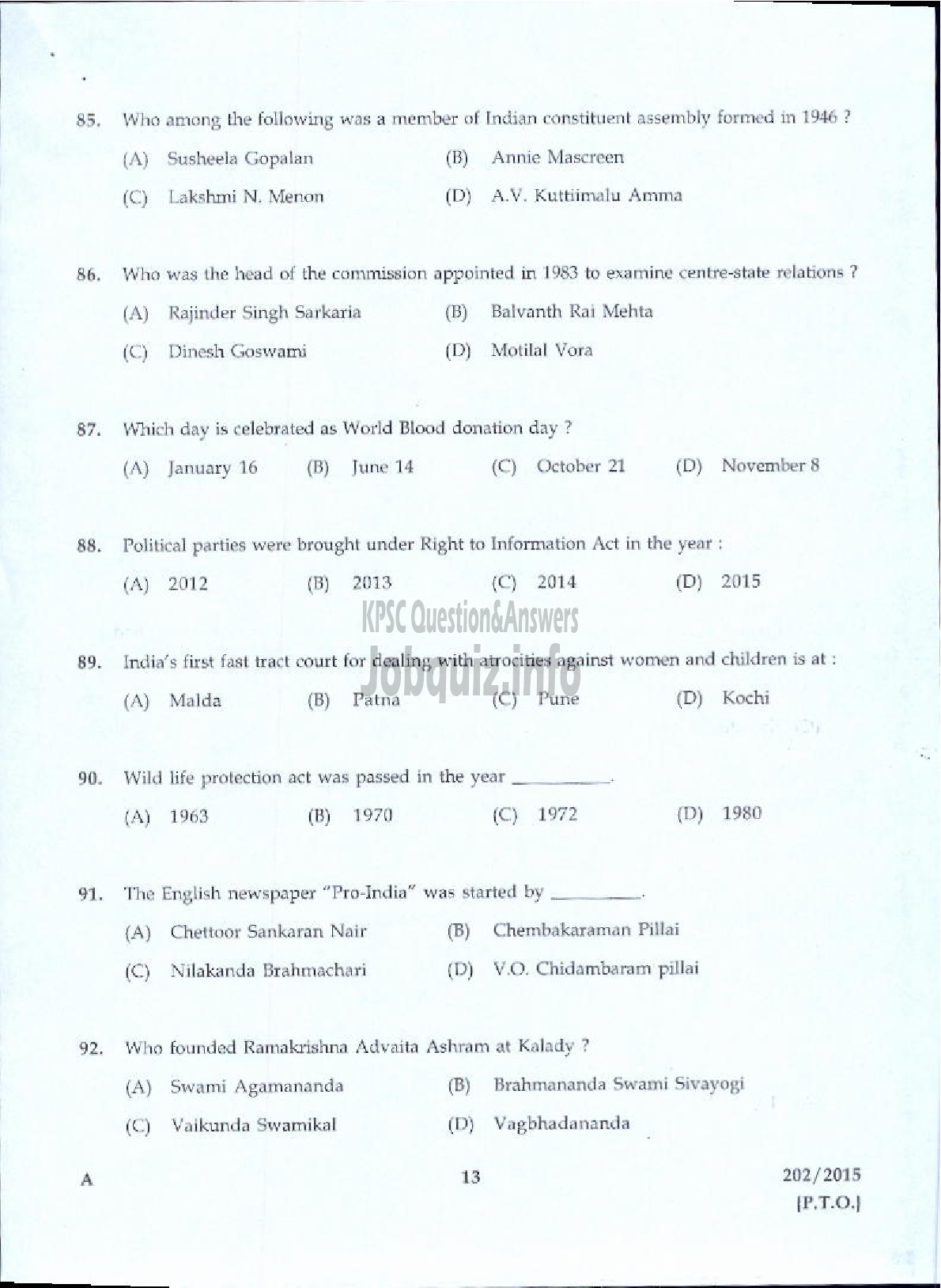 Kerala PSC Question Paper - JUNIOR INSTRUCTOR MECHANIC MOTOR VEHICLE INDUSTRIAL TRAINING-11