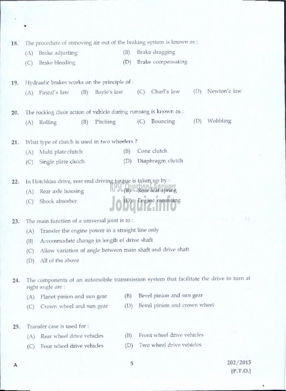 Kerala PSC Question Paper - JUNIOR INSTRUCTOR MECHANIC MOTOR VEHICLE INDUSTRIAL TRAINING-3