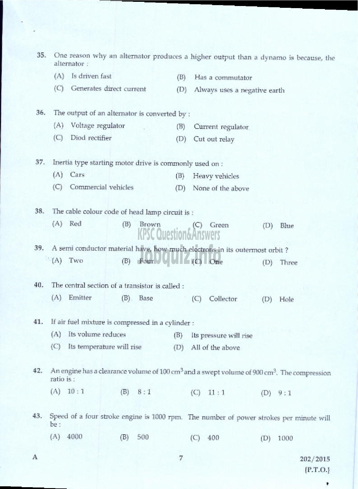 Kerala PSC Question Paper - JUNIOR INSTRUCTOR MECHANIC MOTOR VEHICLE INDUSTRIAL TRAINING-5