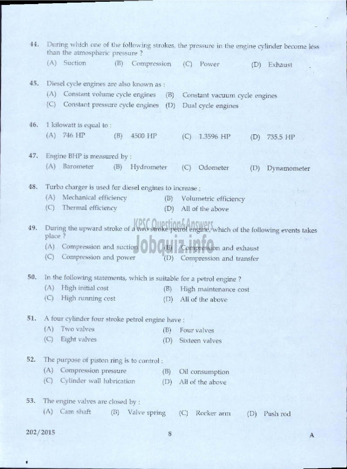 Kerala PSC Question Paper - JUNIOR INSTRUCTOR MECHANIC MOTOR VEHICLE INDUSTRIAL TRAINING-6