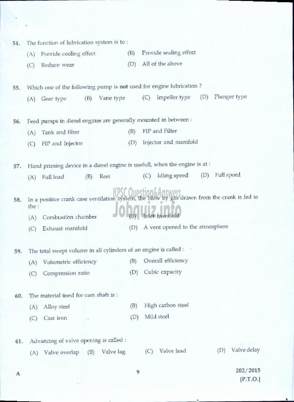Kerala PSC Question Paper - JUNIOR INSTRUCTOR MECHANIC MOTOR VEHICLE INDUSTRIAL TRAINING-7