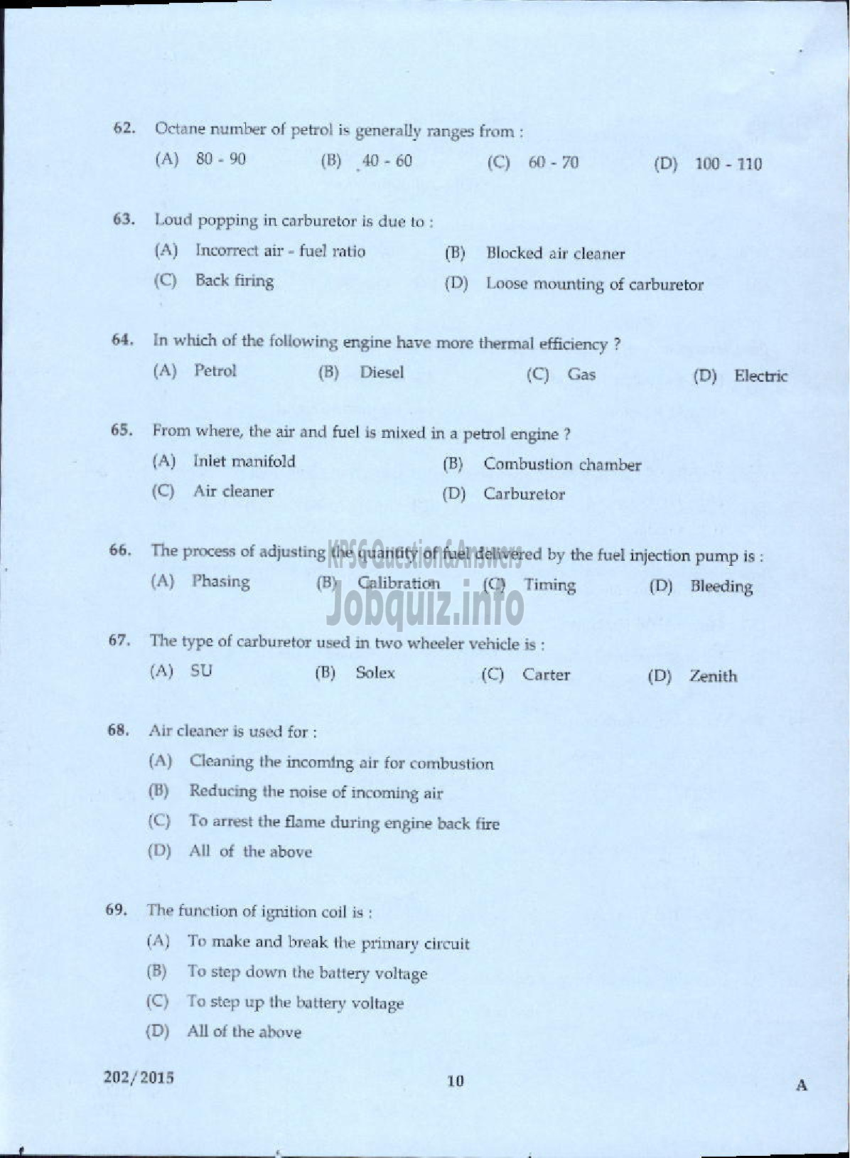 Kerala PSC Question Paper - JUNIOR INSTRUCTOR MECHANIC MOTOR VEHICLE INDUSTRIAL TRAINING-8