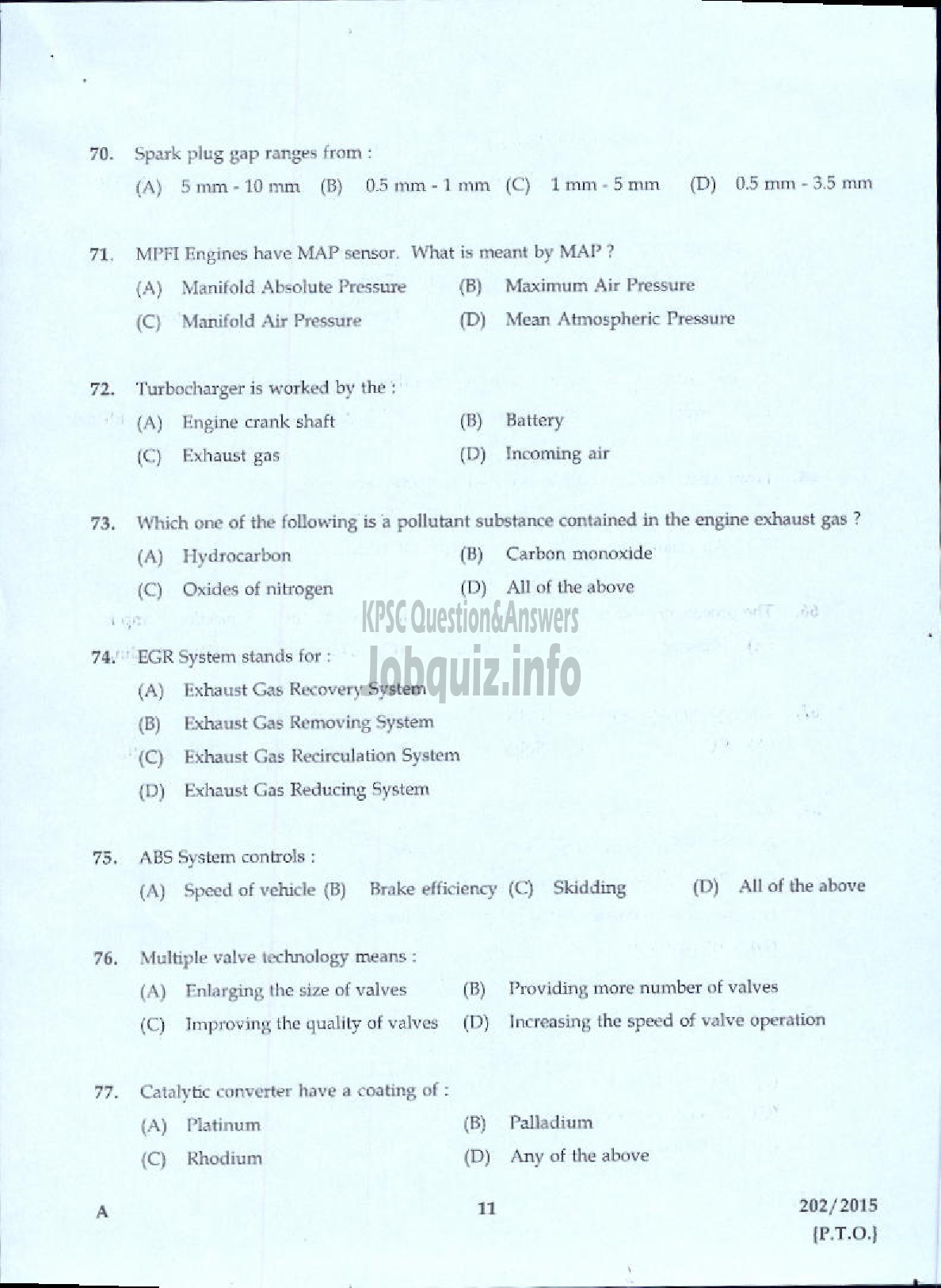 Kerala PSC Question Paper - JUNIOR INSTRUCTOR MECHANIC MOTOR VEHICLE INDUSTRIAL TRAINING-9
