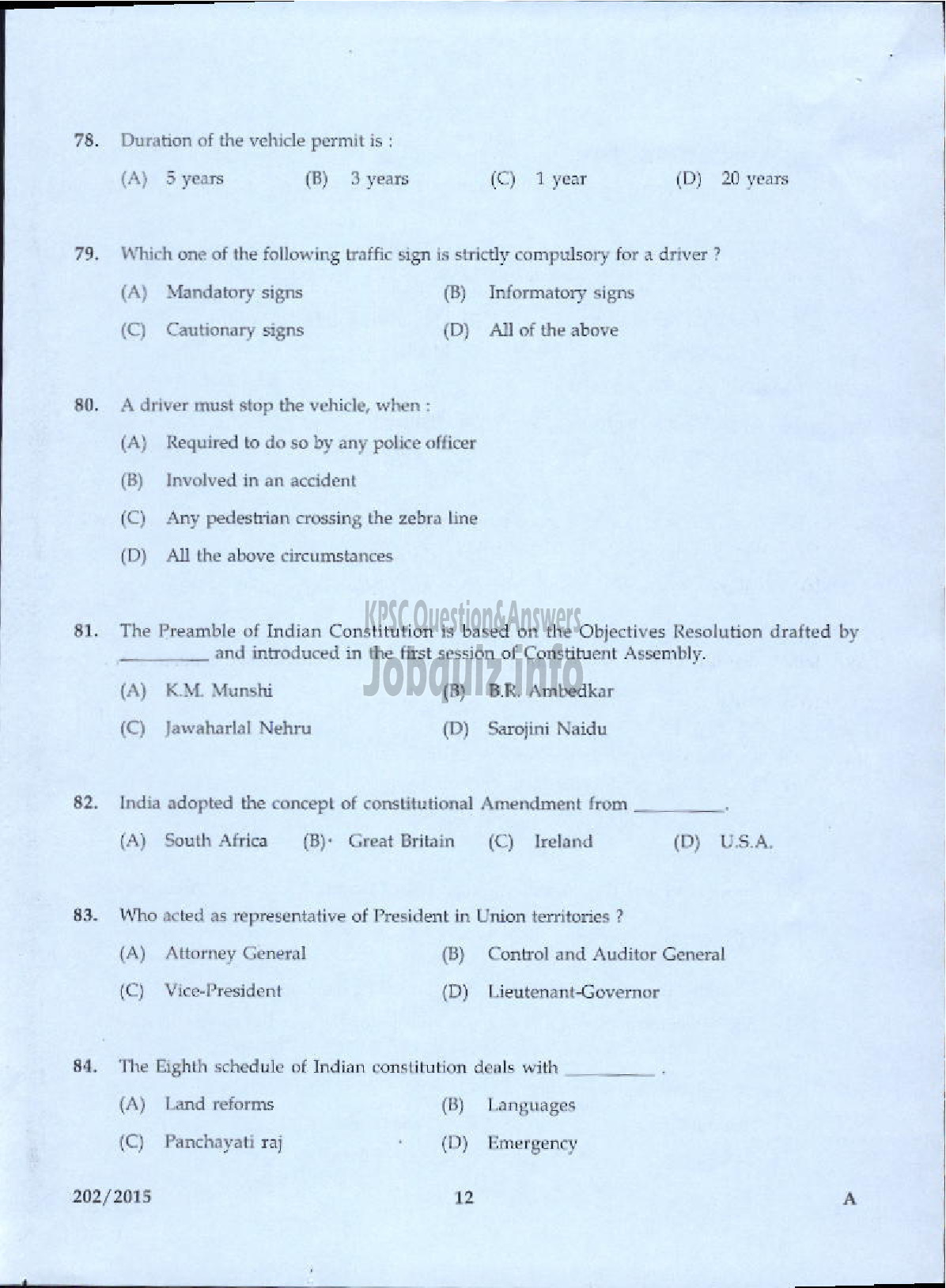 Kerala PSC Question Paper - JUNIOR INSTRUCTOR MECHANIC MOTOR VEHICLE INDUSTRIAL TRAINING-10