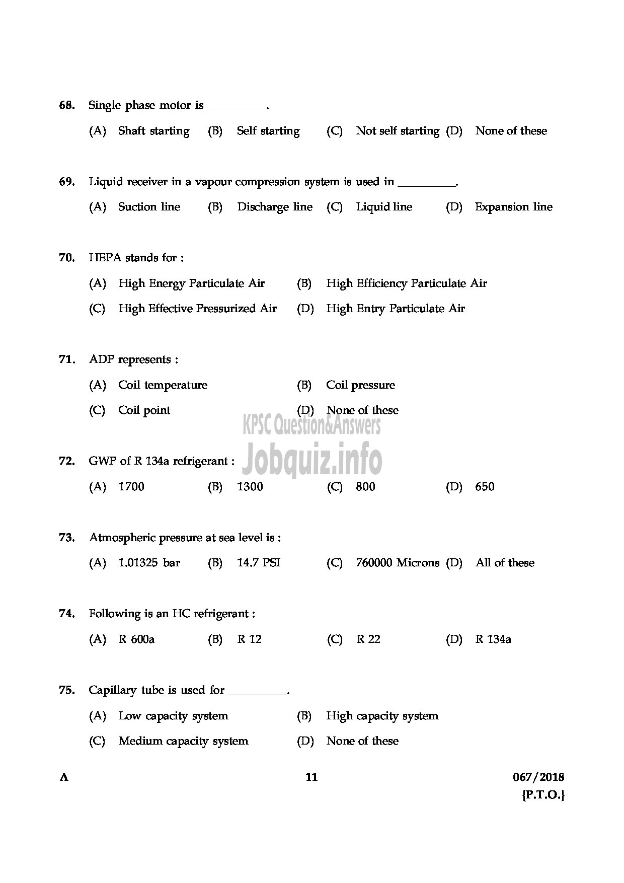 Kerala PSC Question Paper - JUNIOR INSTRUCTOR MECHANIC REFRIGERATION AND AIR CONDITIONING INDUSTRIAL TRAINING-11