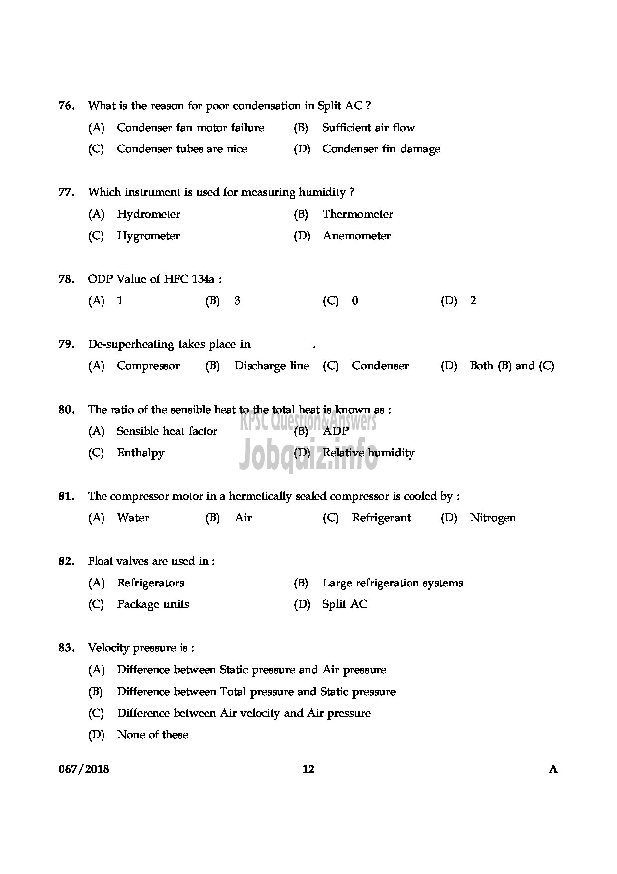 Kerala PSC Question Paper - JUNIOR INSTRUCTOR MECHANIC REFRIGERATION AND AIR CONDITIONING INDUSTRIAL TRAINING-12