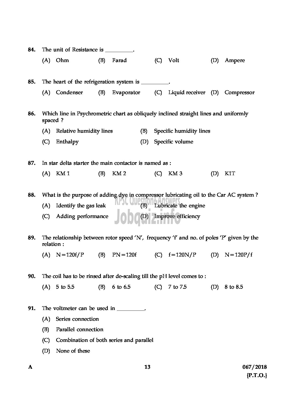 Kerala PSC Question Paper - JUNIOR INSTRUCTOR MECHANIC REFRIGERATION AND AIR CONDITIONING INDUSTRIAL TRAINING-13