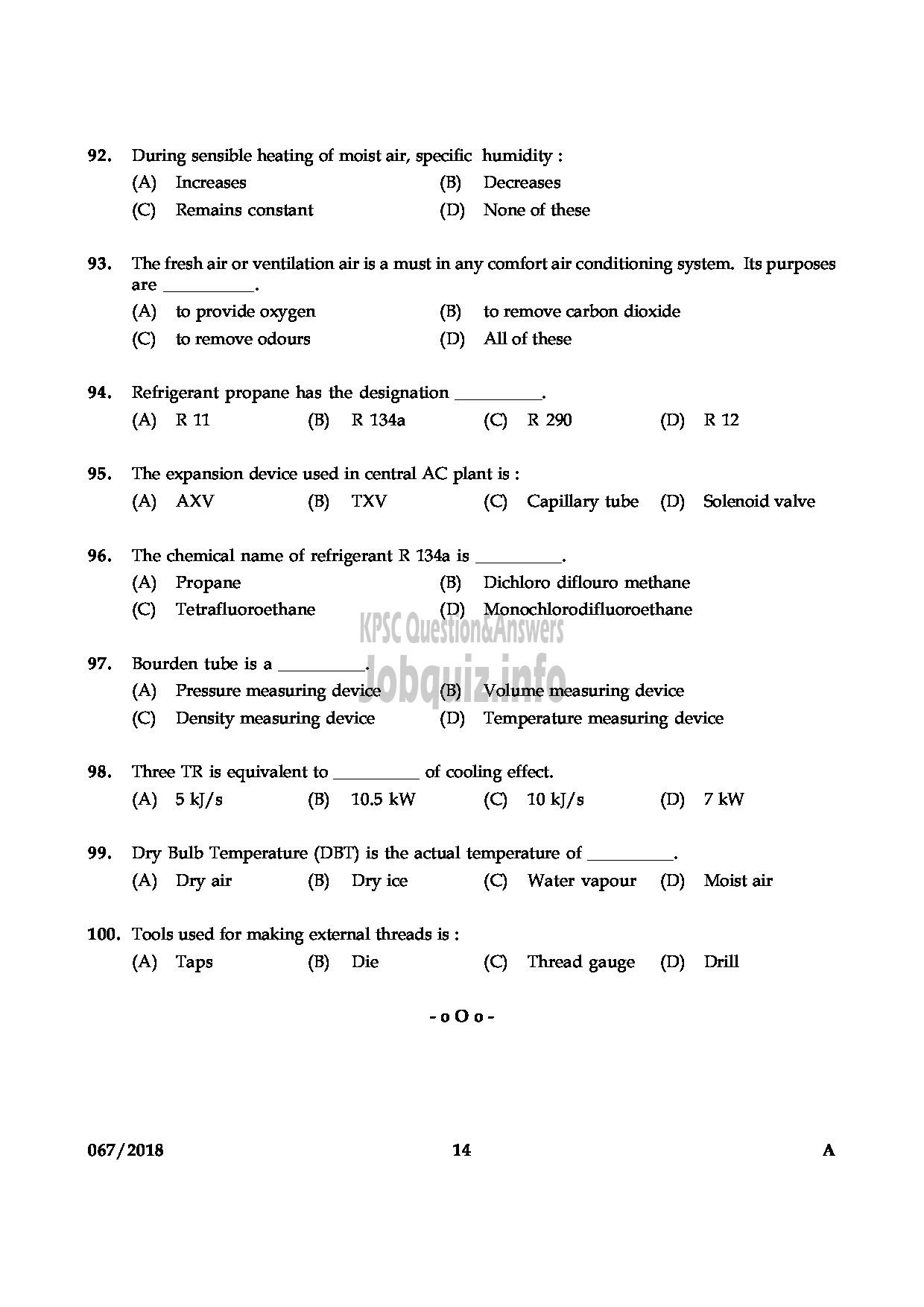 Kerala PSC Question Paper - JUNIOR INSTRUCTOR MECHANIC REFRIGERATION AND AIR CONDITIONING INDUSTRIAL TRAINING-14