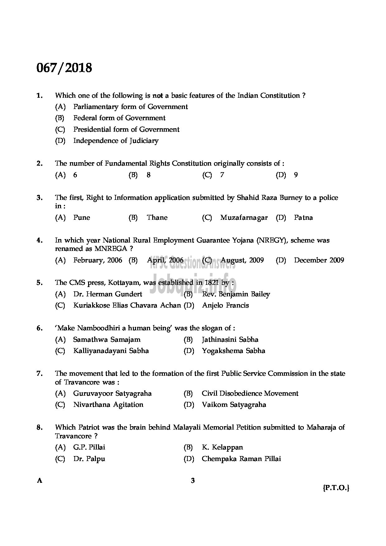 Kerala PSC Question Paper - JUNIOR INSTRUCTOR MECHANIC REFRIGERATION AND AIR CONDITIONING INDUSTRIAL TRAINING-3