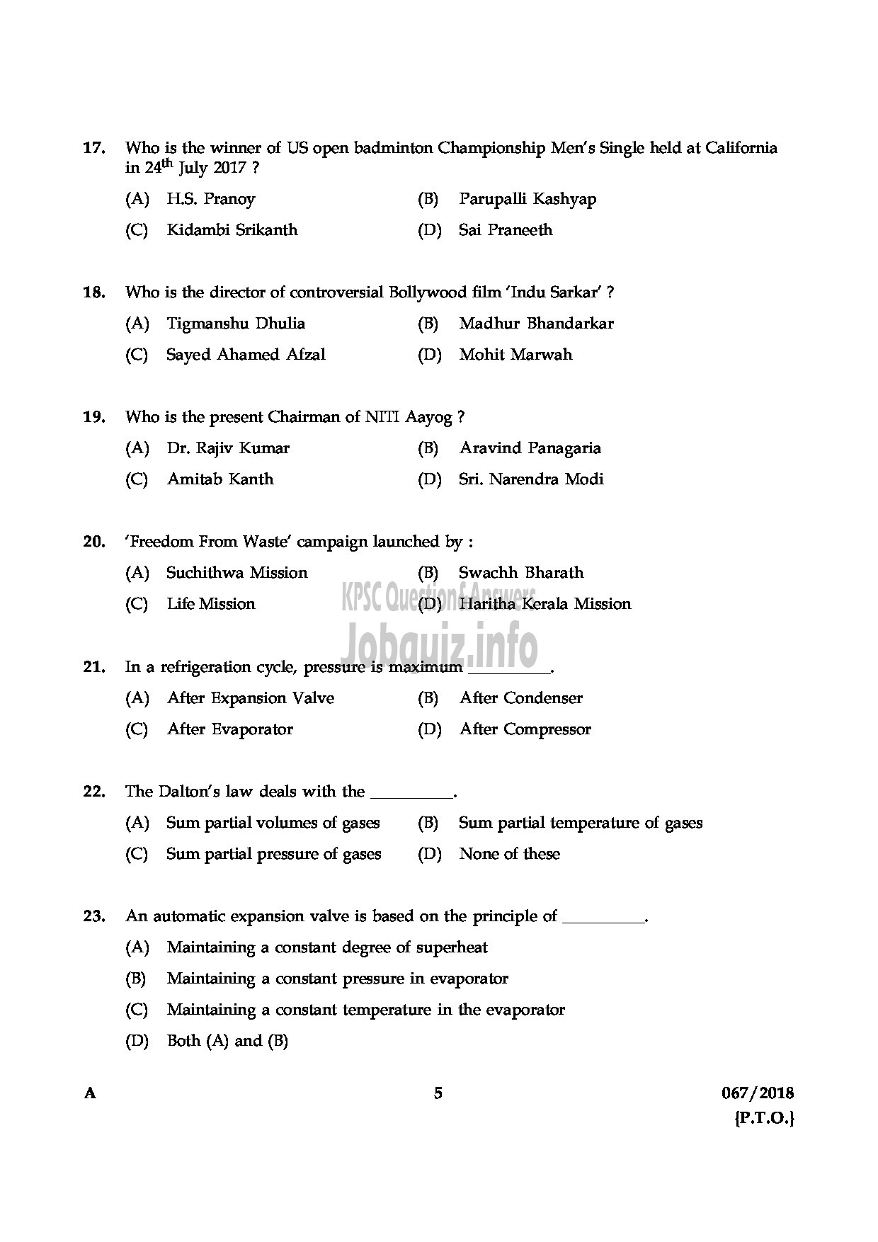 Kerala PSC Question Paper - JUNIOR INSTRUCTOR MECHANIC REFRIGERATION AND AIR CONDITIONING INDUSTRIAL TRAINING-5