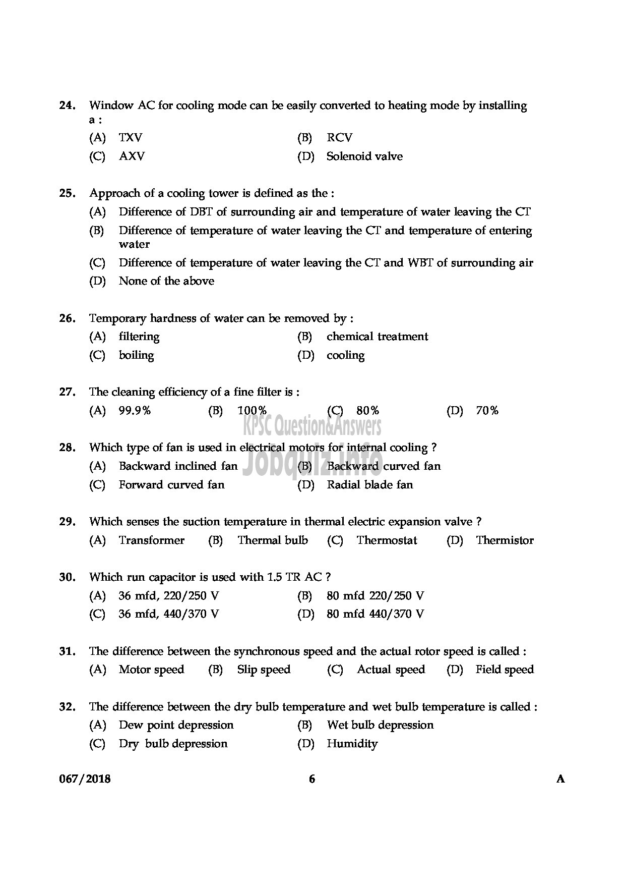 Kerala PSC Question Paper - JUNIOR INSTRUCTOR MECHANIC REFRIGERATION AND AIR CONDITIONING INDUSTRIAL TRAINING-6