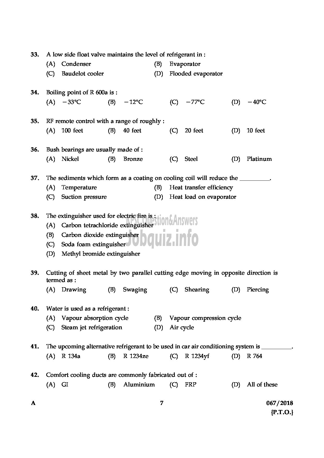 Kerala PSC Question Paper - JUNIOR INSTRUCTOR MECHANIC REFRIGERATION AND AIR CONDITIONING INDUSTRIAL TRAINING-7