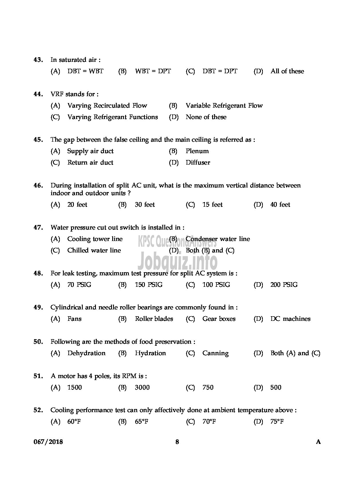 Kerala PSC Question Paper - JUNIOR INSTRUCTOR MECHANIC REFRIGERATION AND AIR CONDITIONING INDUSTRIAL TRAINING-8