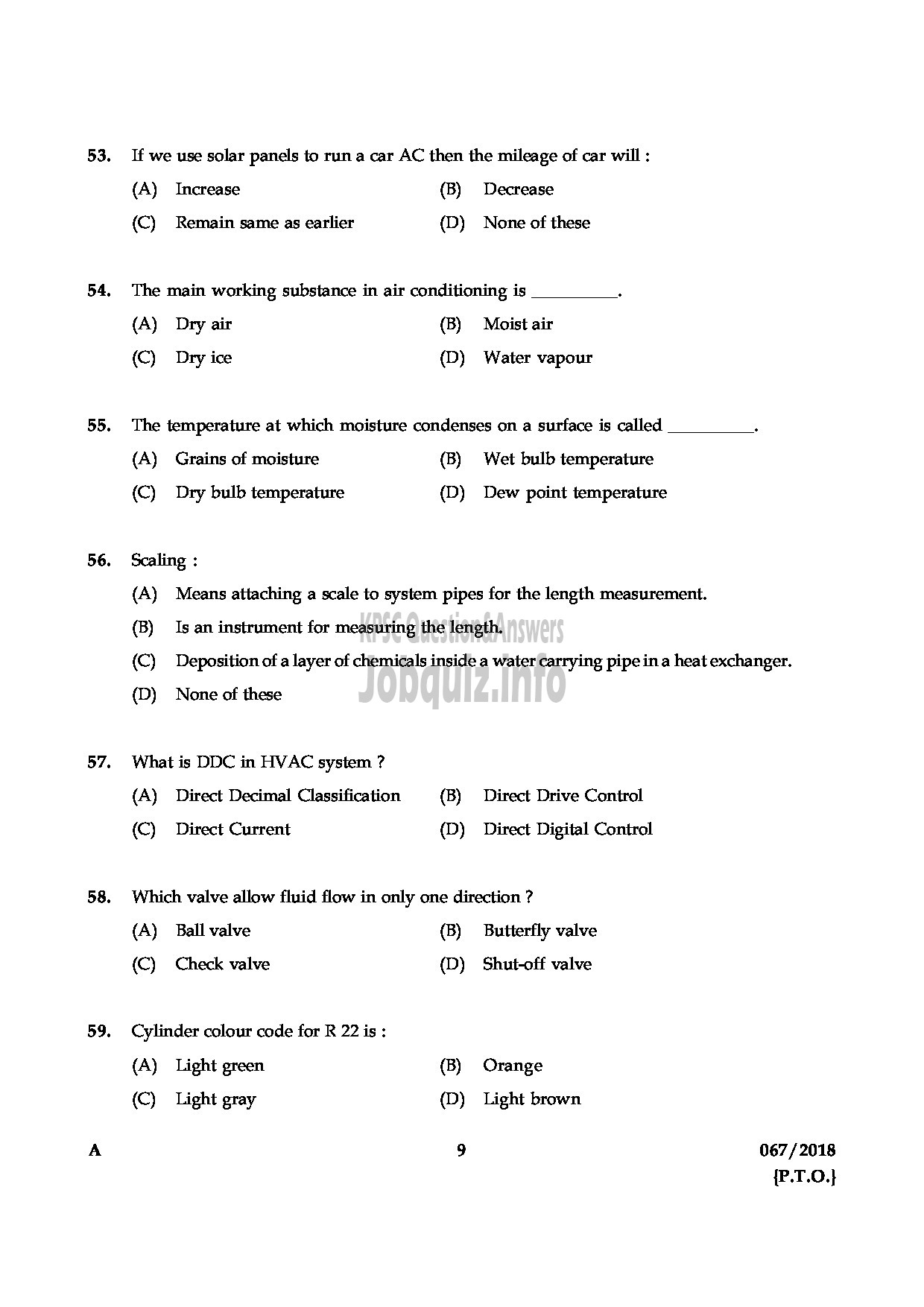 Kerala PSC Question Paper - JUNIOR INSTRUCTOR MECHANIC REFRIGERATION AND AIR CONDITIONING INDUSTRIAL TRAINING-9