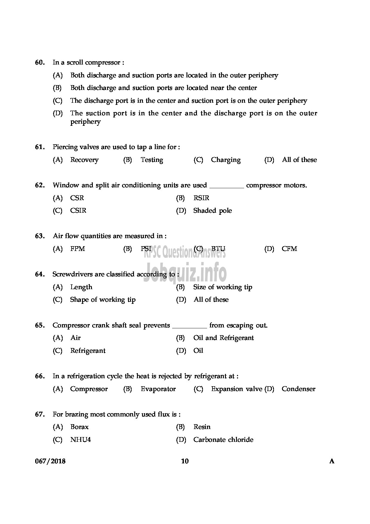 Kerala PSC Question Paper - JUNIOR INSTRUCTOR MECHANIC REFRIGERATION AND AIR CONDITIONING INDUSTRIAL TRAINING-10