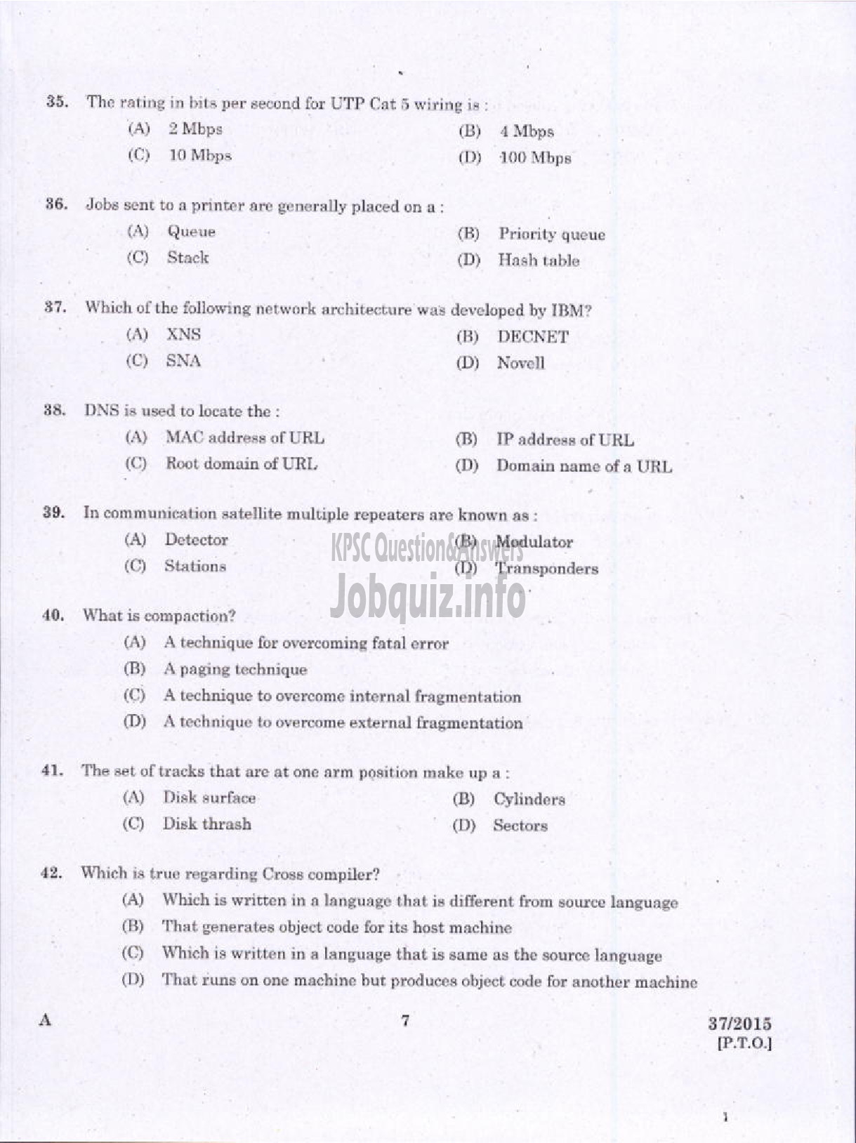 Kerala PSC Question Paper - JUNIOR INSTRUCTOR NETWORK TECHNICIAN INDUSTRIAL TRAINING DEPARTMENT-5