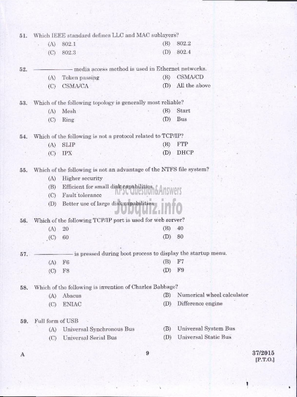 Kerala PSC Question Paper - JUNIOR INSTRUCTOR NETWORK TECHNICIAN INDUSTRIAL TRAINING DEPARTMENT-7