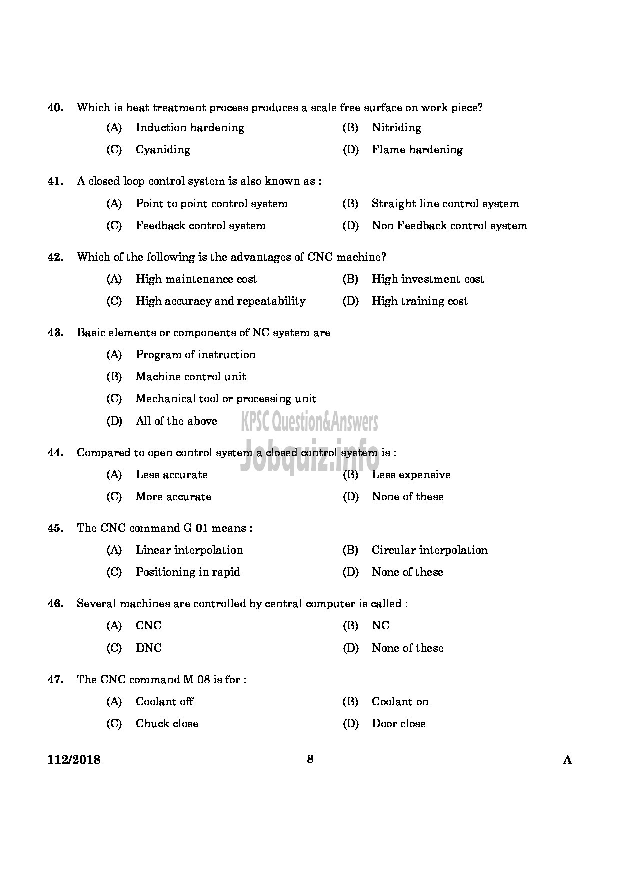 Kerala PSC Question Paper - JUNIOR INSTRUCTOR OPERATOR ADVNCED MACHINE TOOLS-6