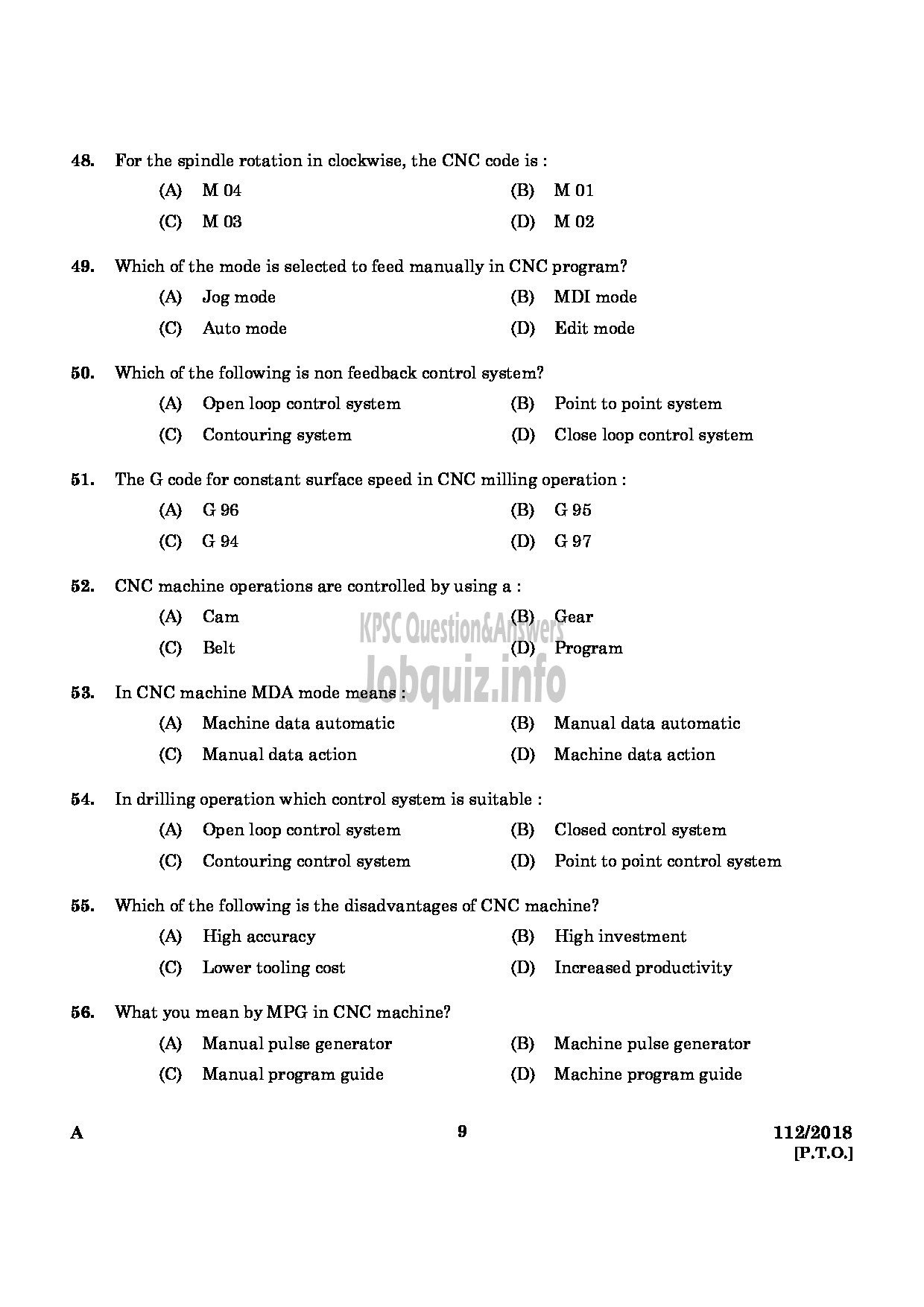 Kerala PSC Question Paper - JUNIOR INSTRUCTOR OPERATOR ADVNCED MACHINE TOOLS-7