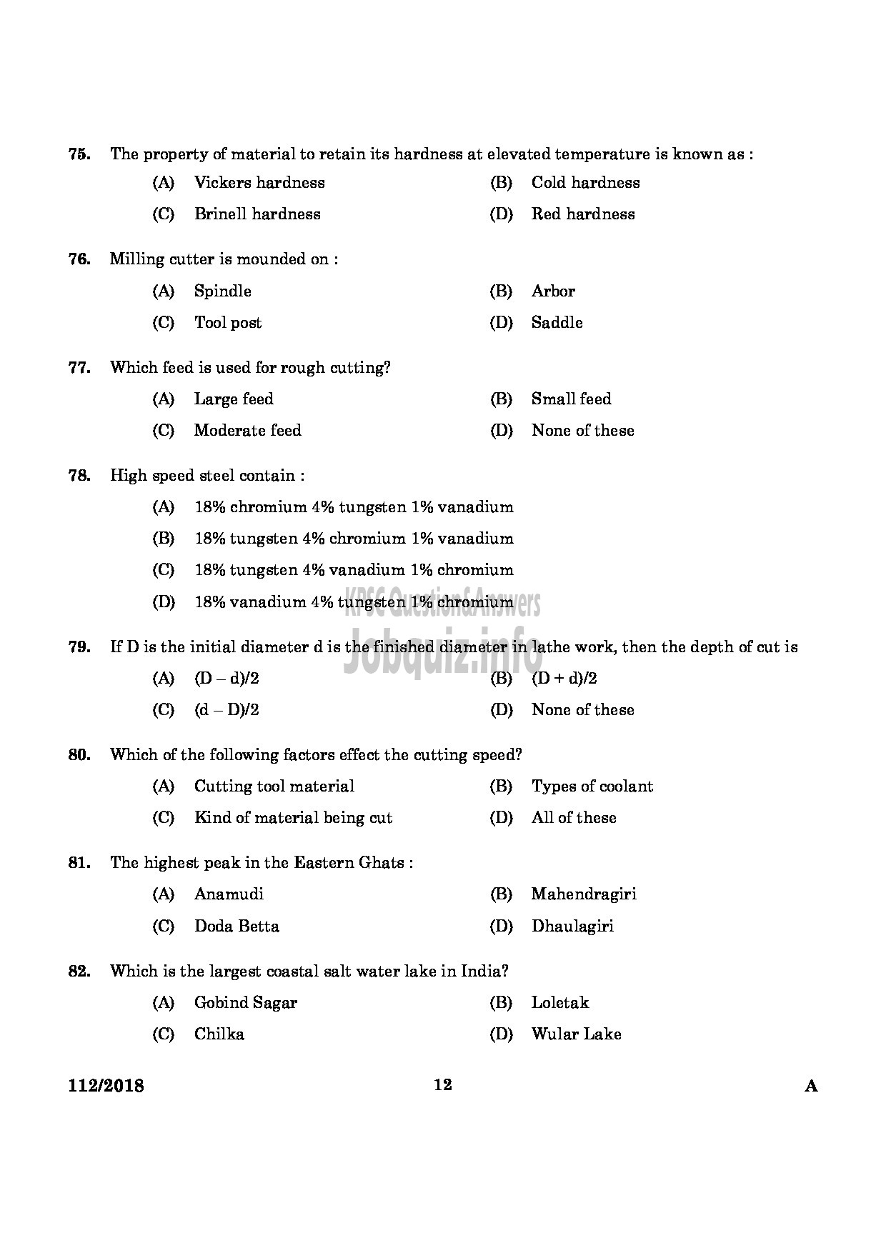 Kerala PSC Question Paper - JUNIOR INSTRUCTOR OPERATOR ADVNCED MACHINE TOOLS-10