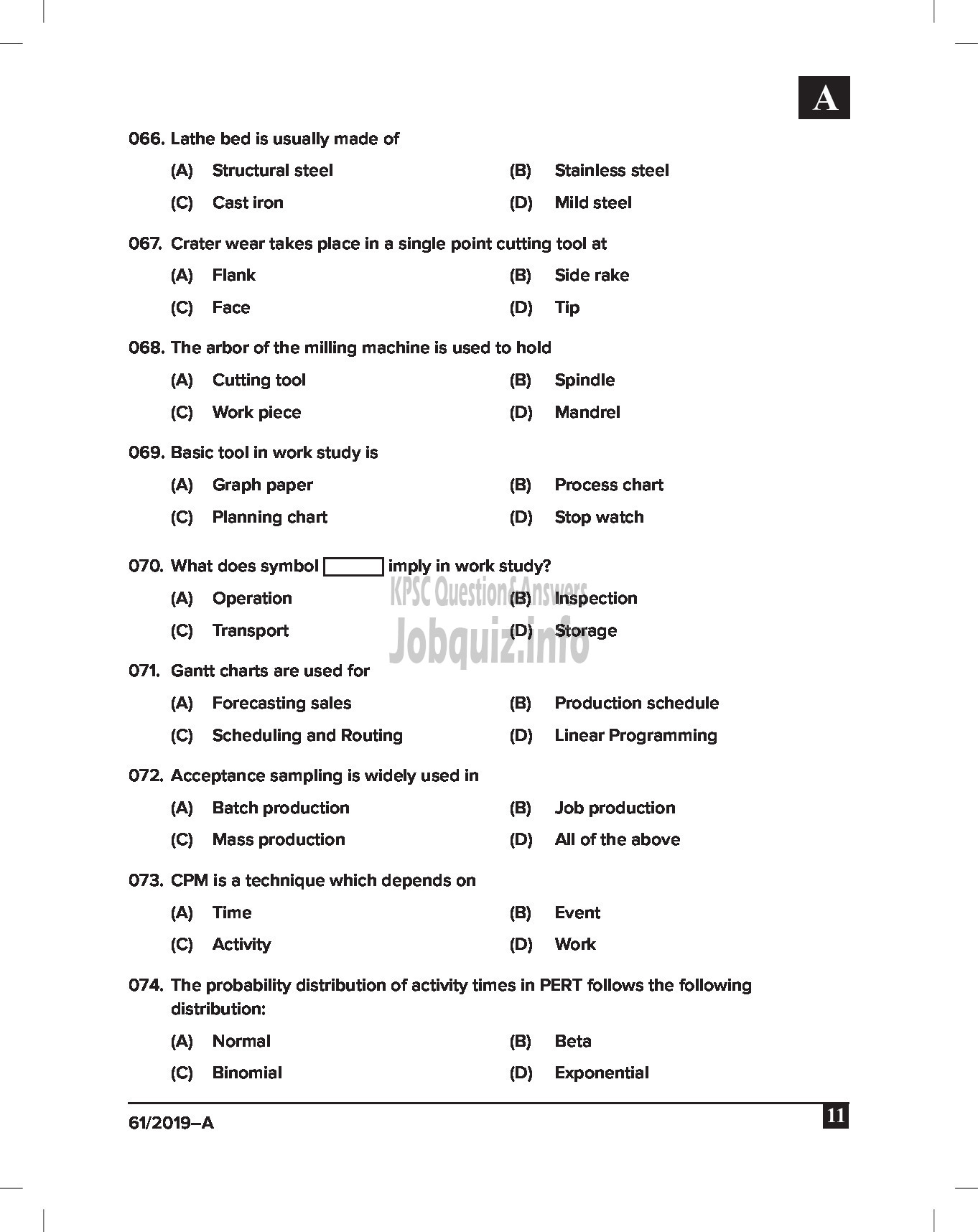 Kerala PSC Question Paper - JUNIOR INSTRUCTOR (PUMP OPERATOR) INDUSTRIAL TRAINING English -11