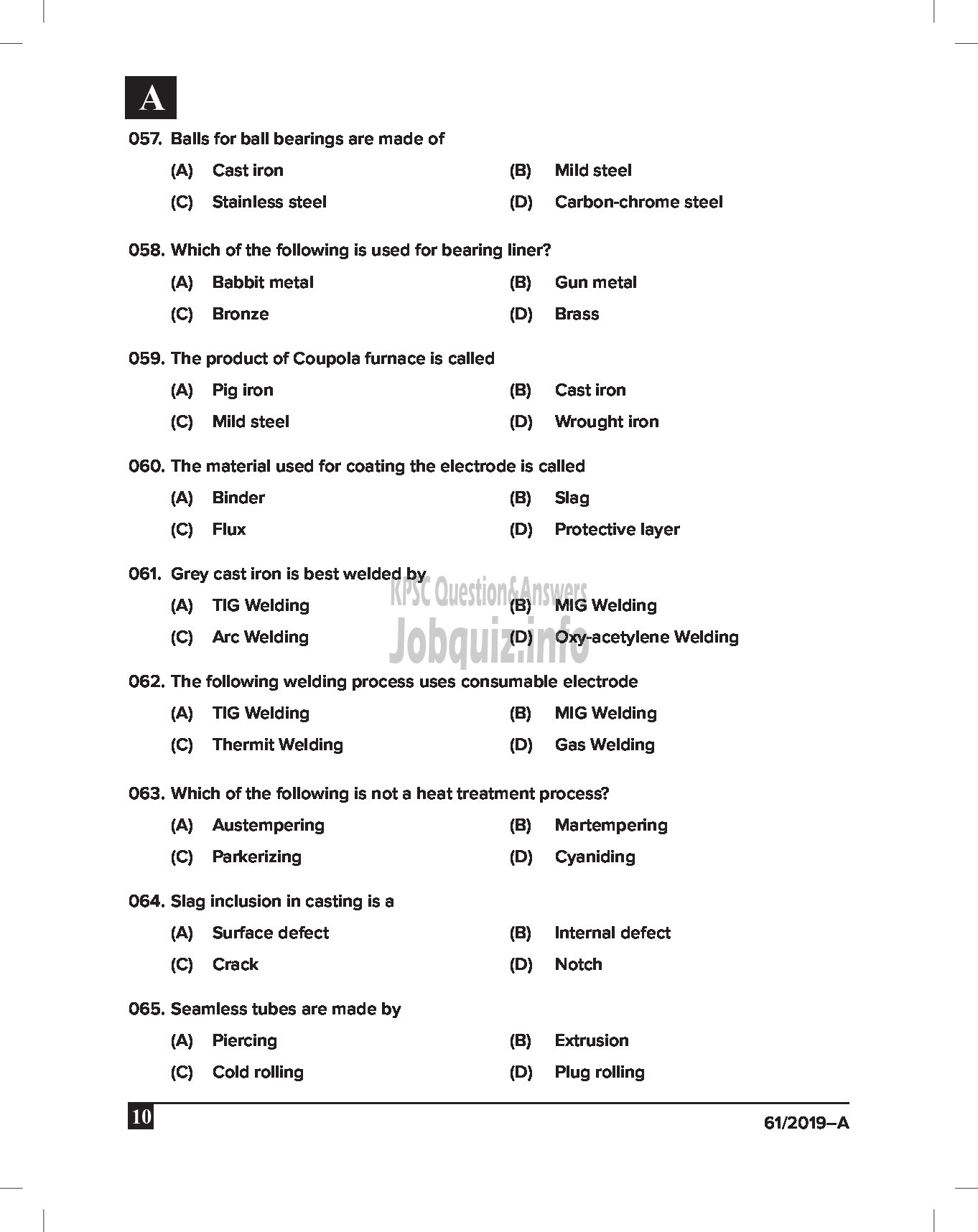 Kerala PSC Question Paper - JUNIOR INSTRUCTOR (PUMP OPERATOR) INDUSTRIAL TRAINING English -10