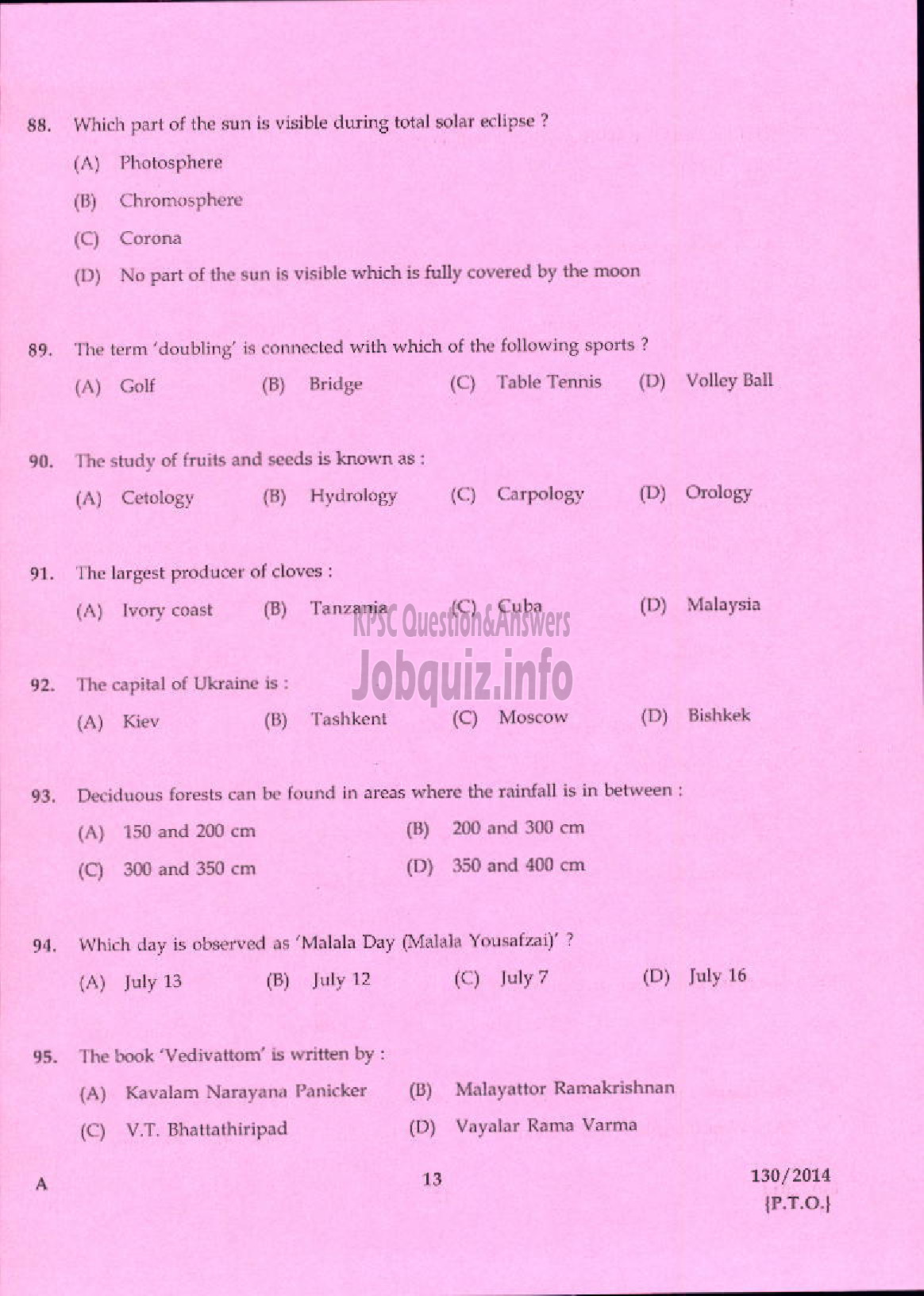 Kerala PSC Question Paper - JUNIOR INSTRUCTOR SANITARY HARDWARE FITTER INDUSTRIAL TRAINING-11