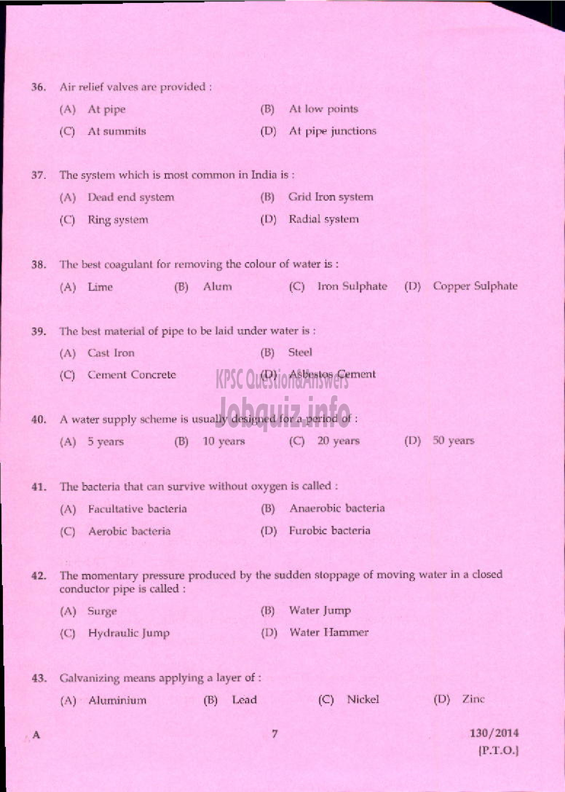 Kerala PSC Question Paper - JUNIOR INSTRUCTOR SANITARY HARDWARE FITTER INDUSTRIAL TRAINING-5