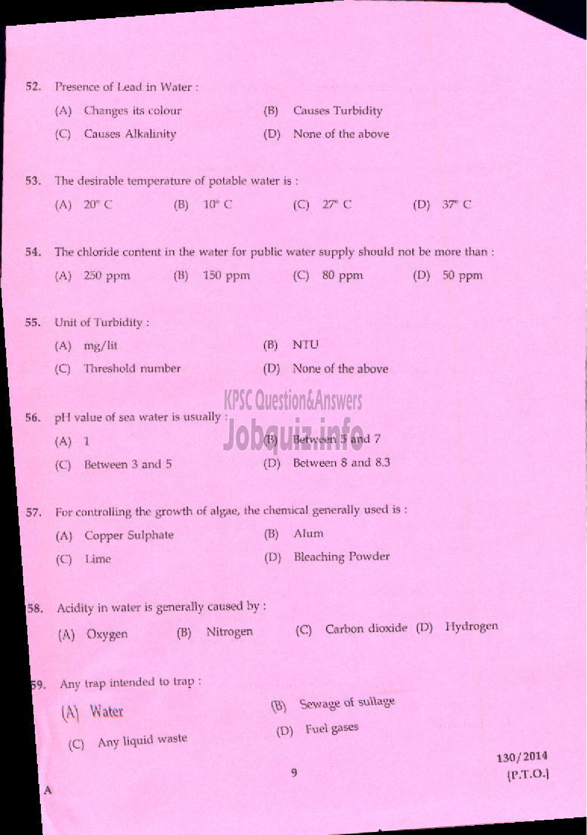 Kerala PSC Question Paper - JUNIOR INSTRUCTOR SANITARY HARDWARE FITTER INDUSTRIAL TRAINING-7