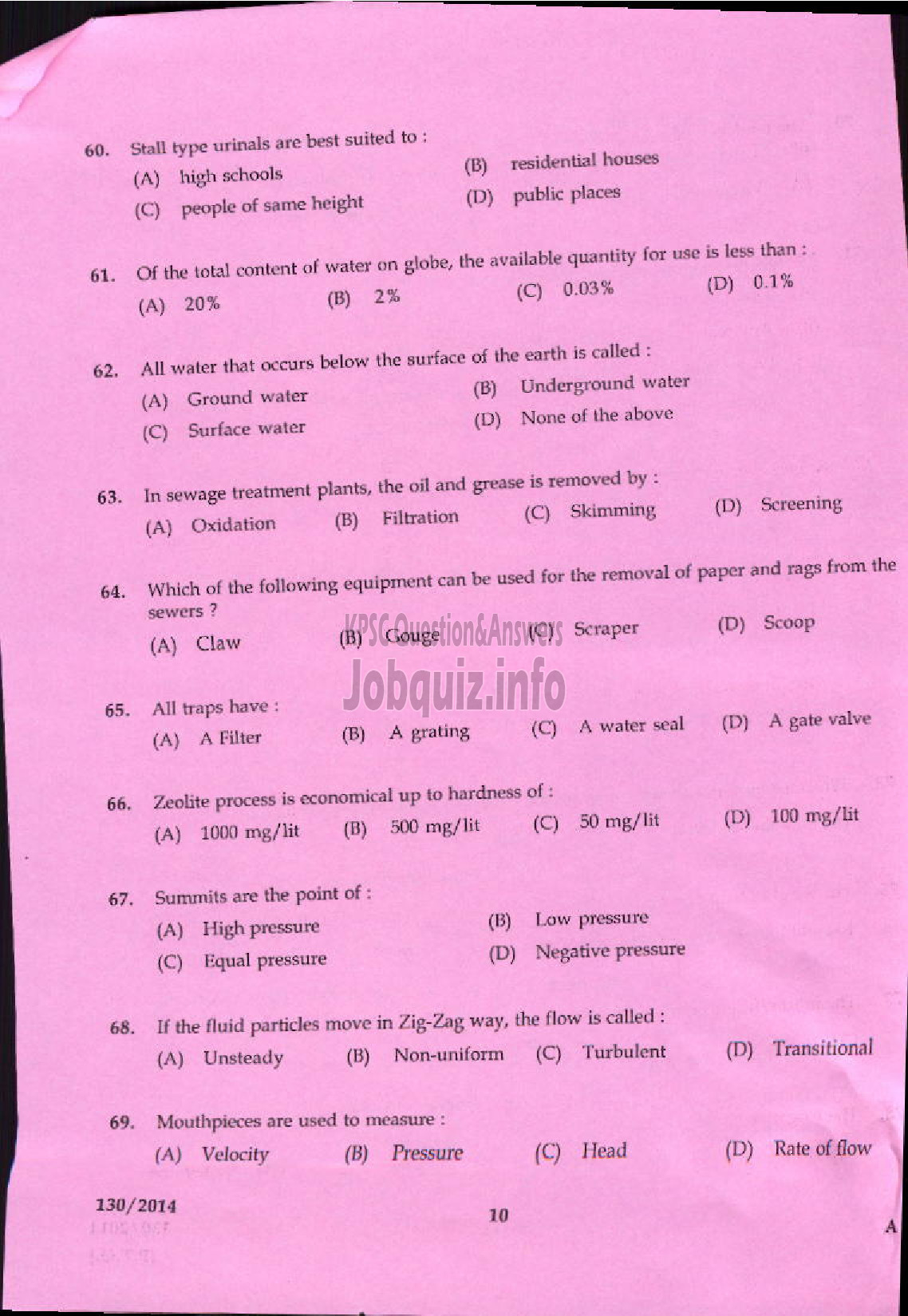 Kerala PSC Question Paper - JUNIOR INSTRUCTOR SANITARY HARDWARE FITTER INDUSTRIAL TRAINING-8