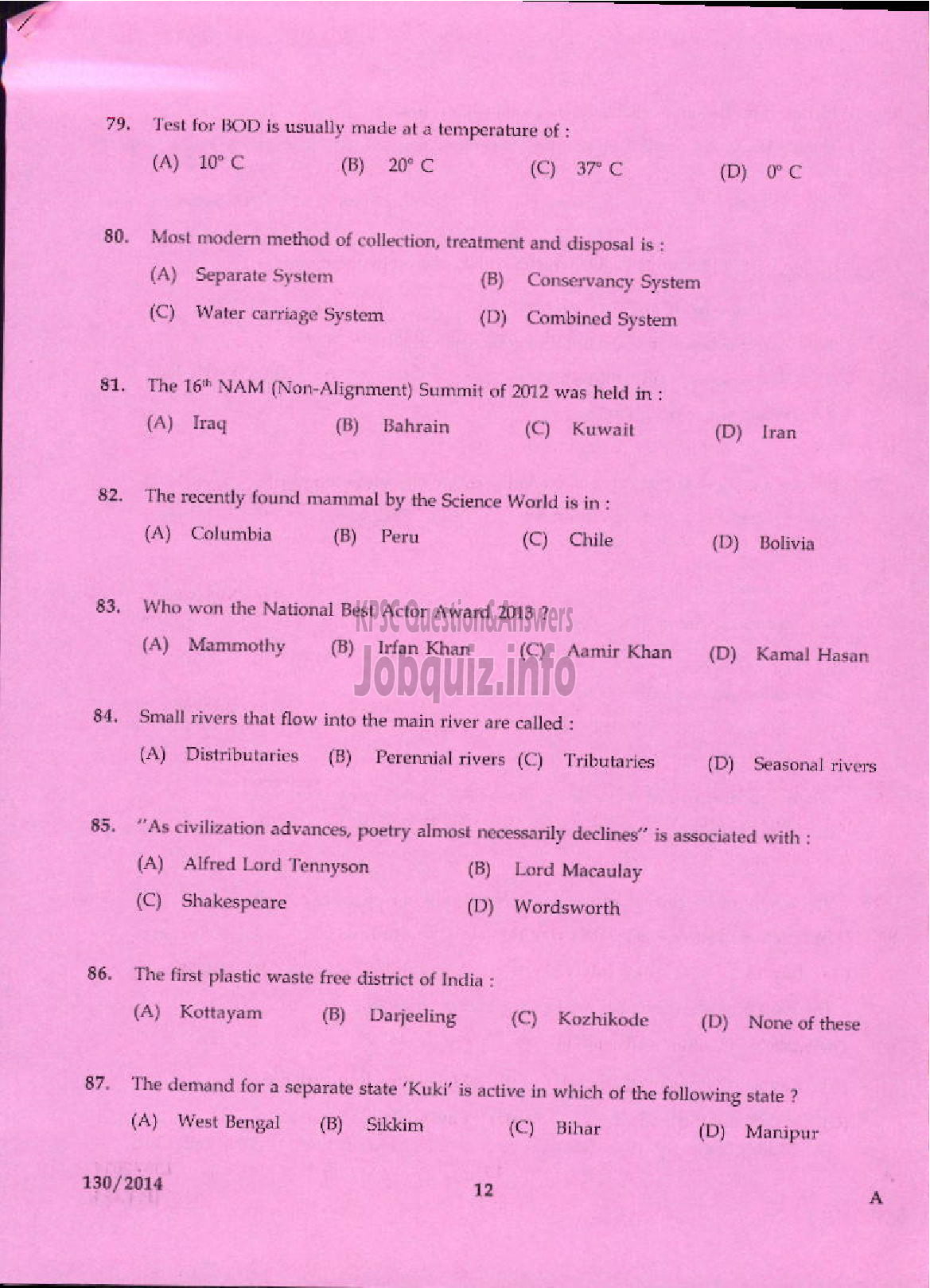 Kerala PSC Question Paper - JUNIOR INSTRUCTOR SANITARY HARDWARE FITTER INDUSTRIAL TRAINING-10