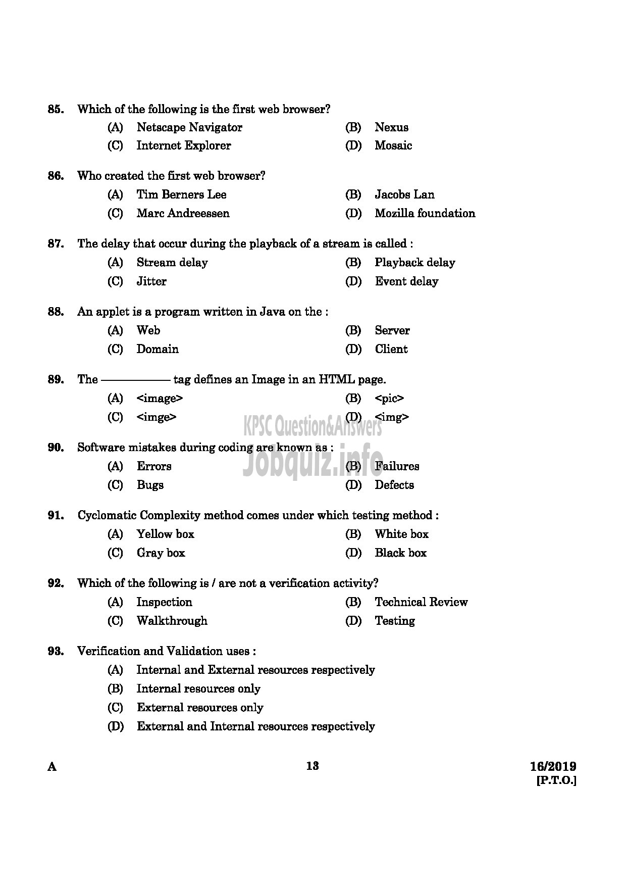 Kerala PSC Question Paper - JUNIOR INSTRUCTOR SOFTWARE TESTING ASSISTANT INDUSTRIAL TRAINING -11