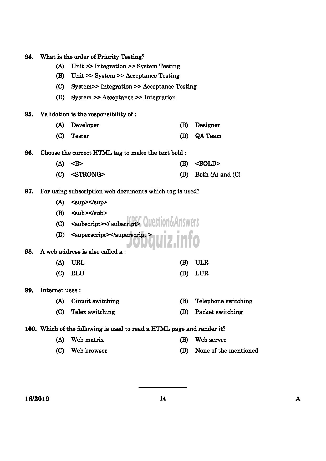 Kerala PSC Question Paper - JUNIOR INSTRUCTOR SOFTWARE TESTING ASSISTANT INDUSTRIAL TRAINING -12