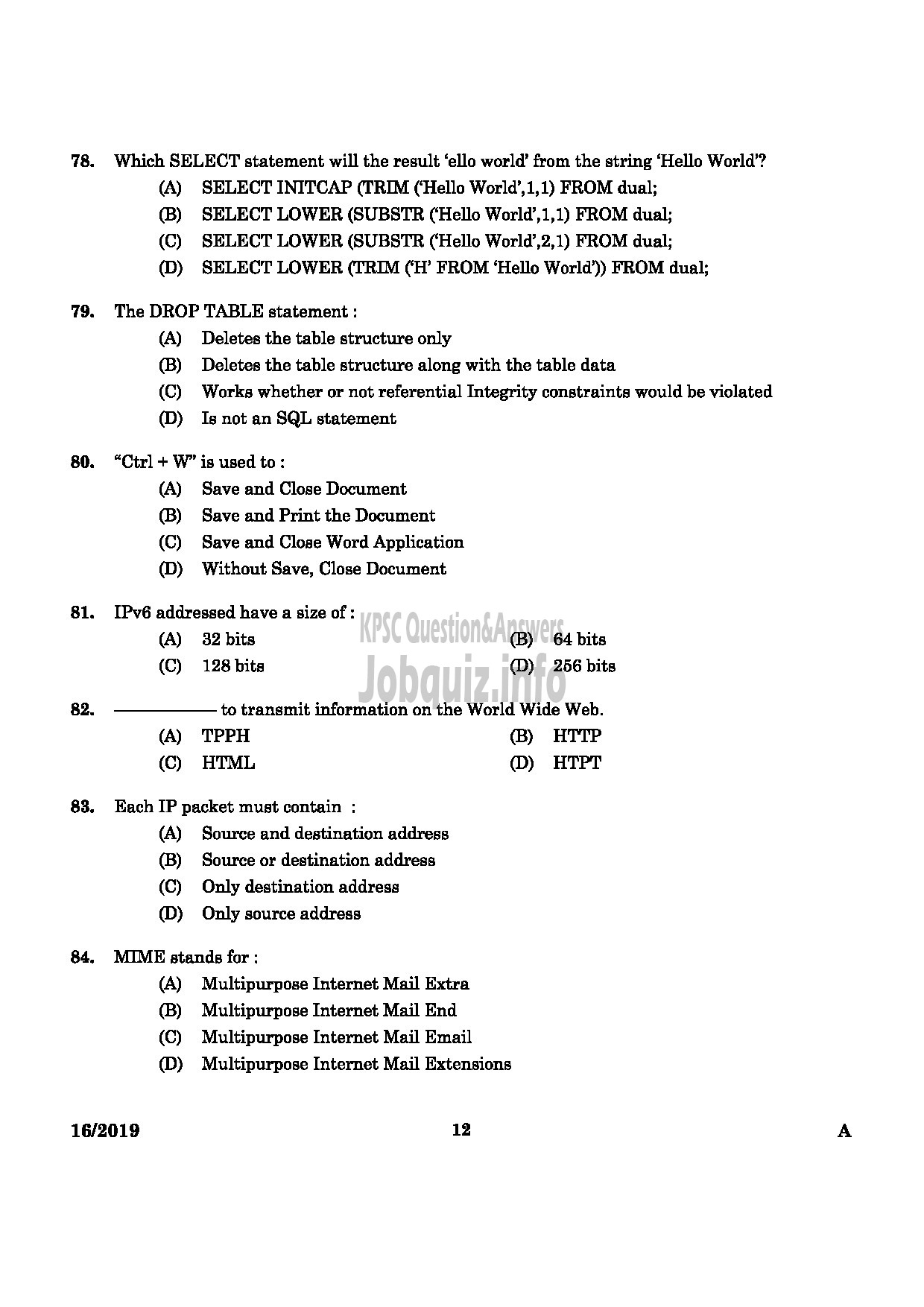 Kerala PSC Question Paper - JUNIOR INSTRUCTOR SOFTWARE TESTING ASSISTANT INDUSTRIAL TRAINING -10