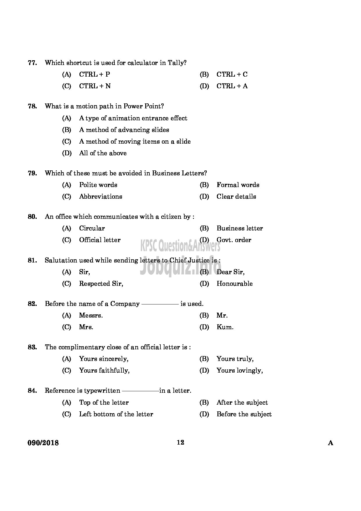 Kerala PSC Question Paper - JUNIOR INSTRUCTOR STENOGRAPHER AND SECRETARIAL ASSISTANT ENGLISH INDUSTRIAL TRAINING ENGLISH -10