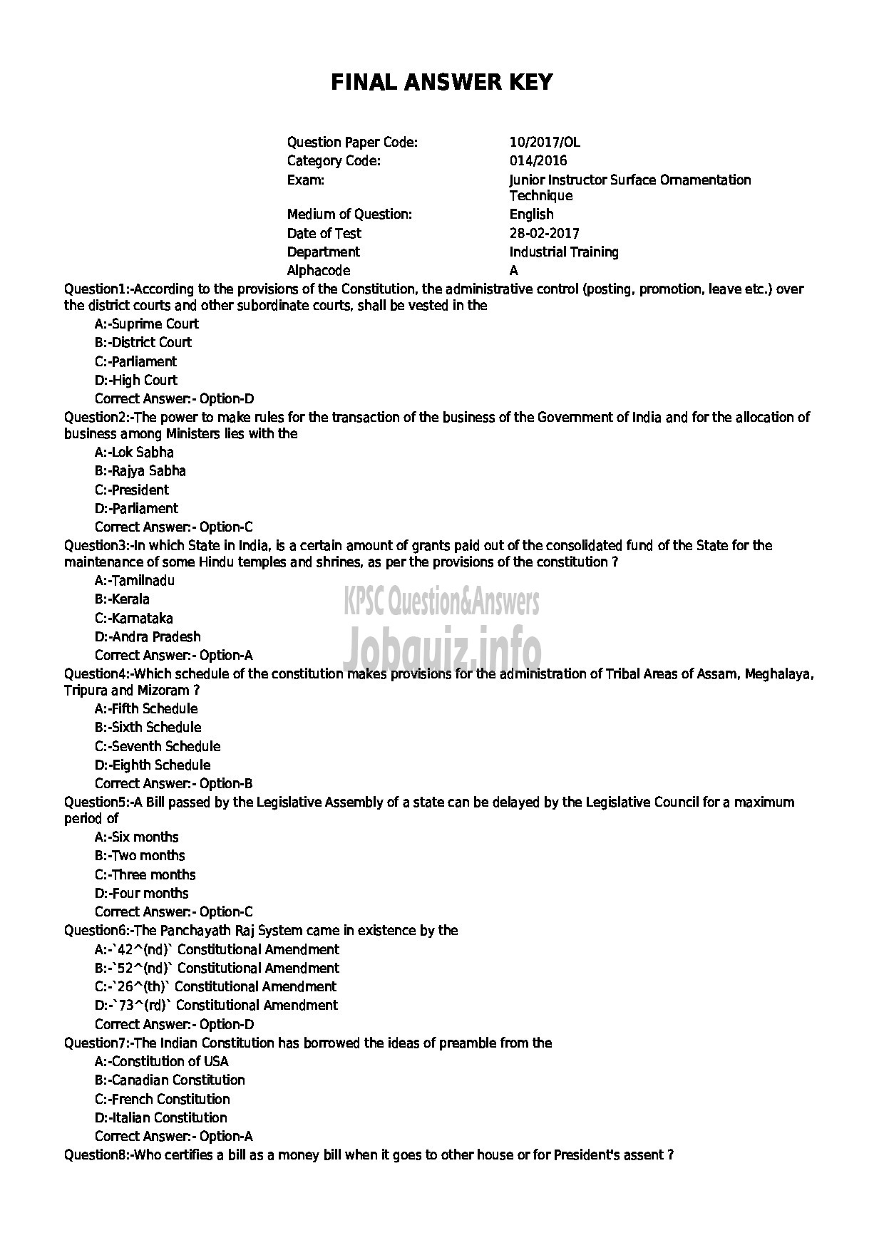 Kerala PSC Question Paper - JUNIOR INSTRUCTOR SURFACE ORNAMENTATION TECHNIQUE INDUSTRIAL TRAINING-1