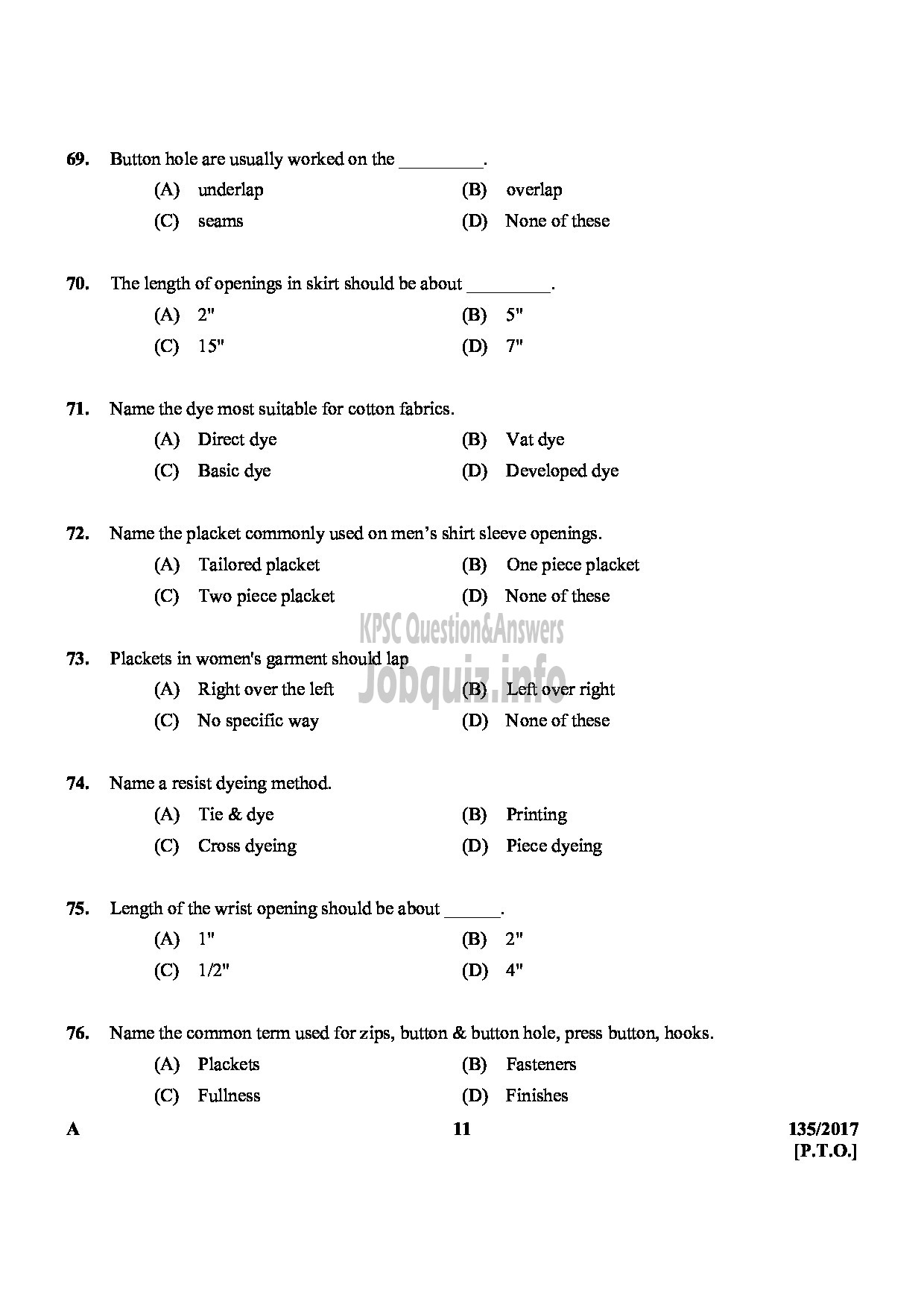 Kerala PSC Question Paper - JUNIOR INSTRUCTOR TAILORING AND GARMENT MAKING-11